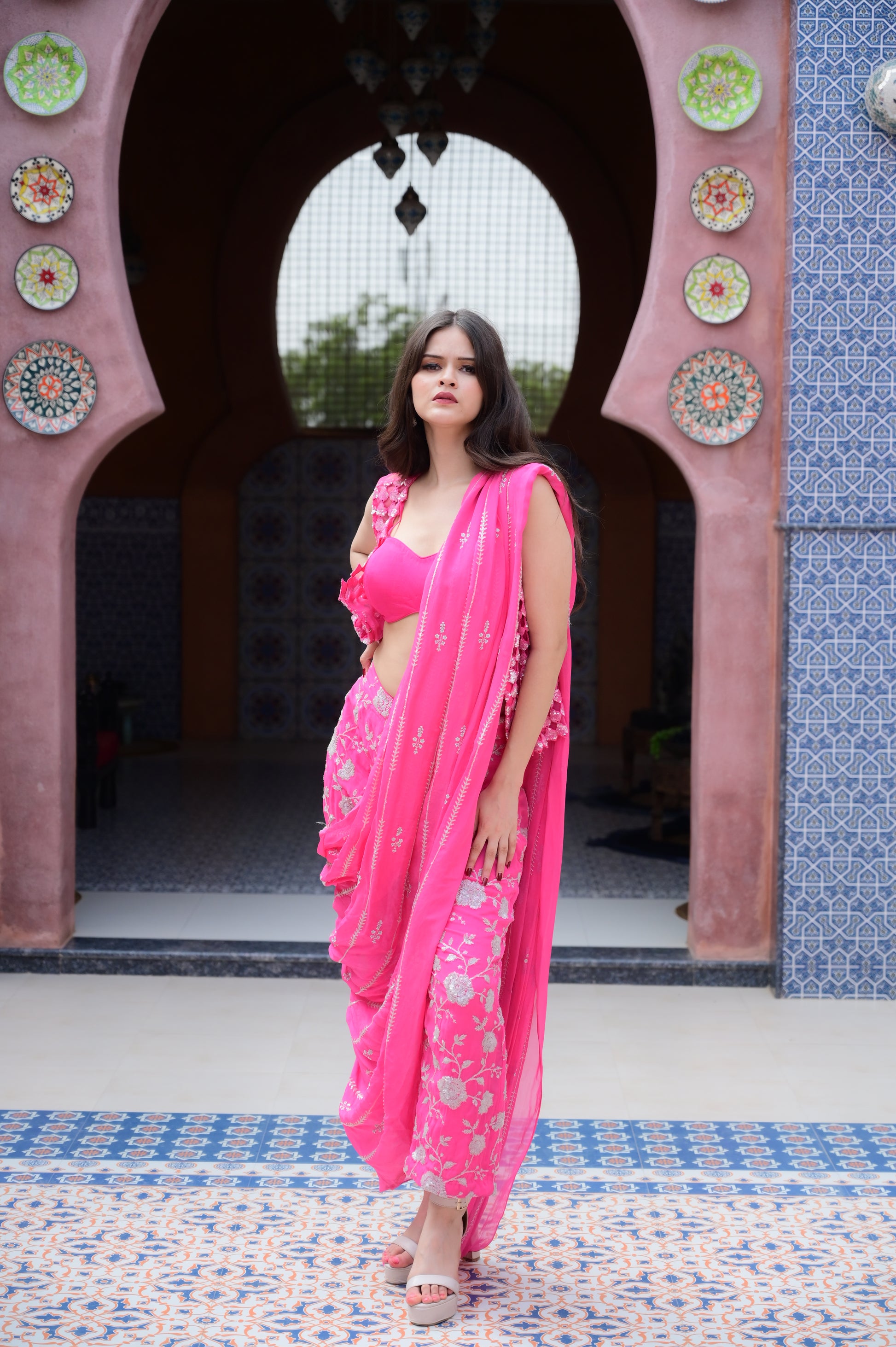 Fuchsia Draped Saree-Style Set