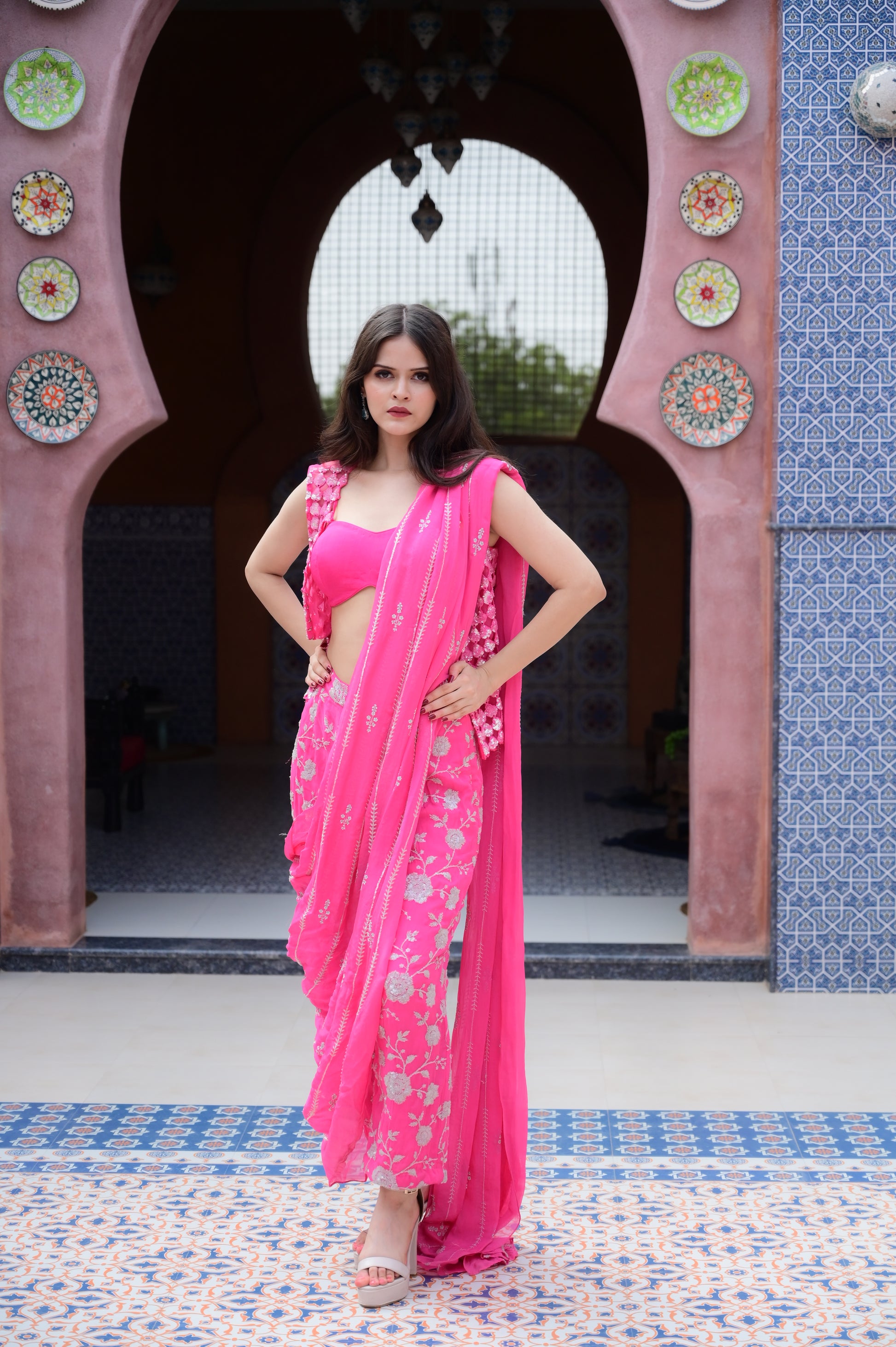 Fuchsia Draped Saree-Style Set
