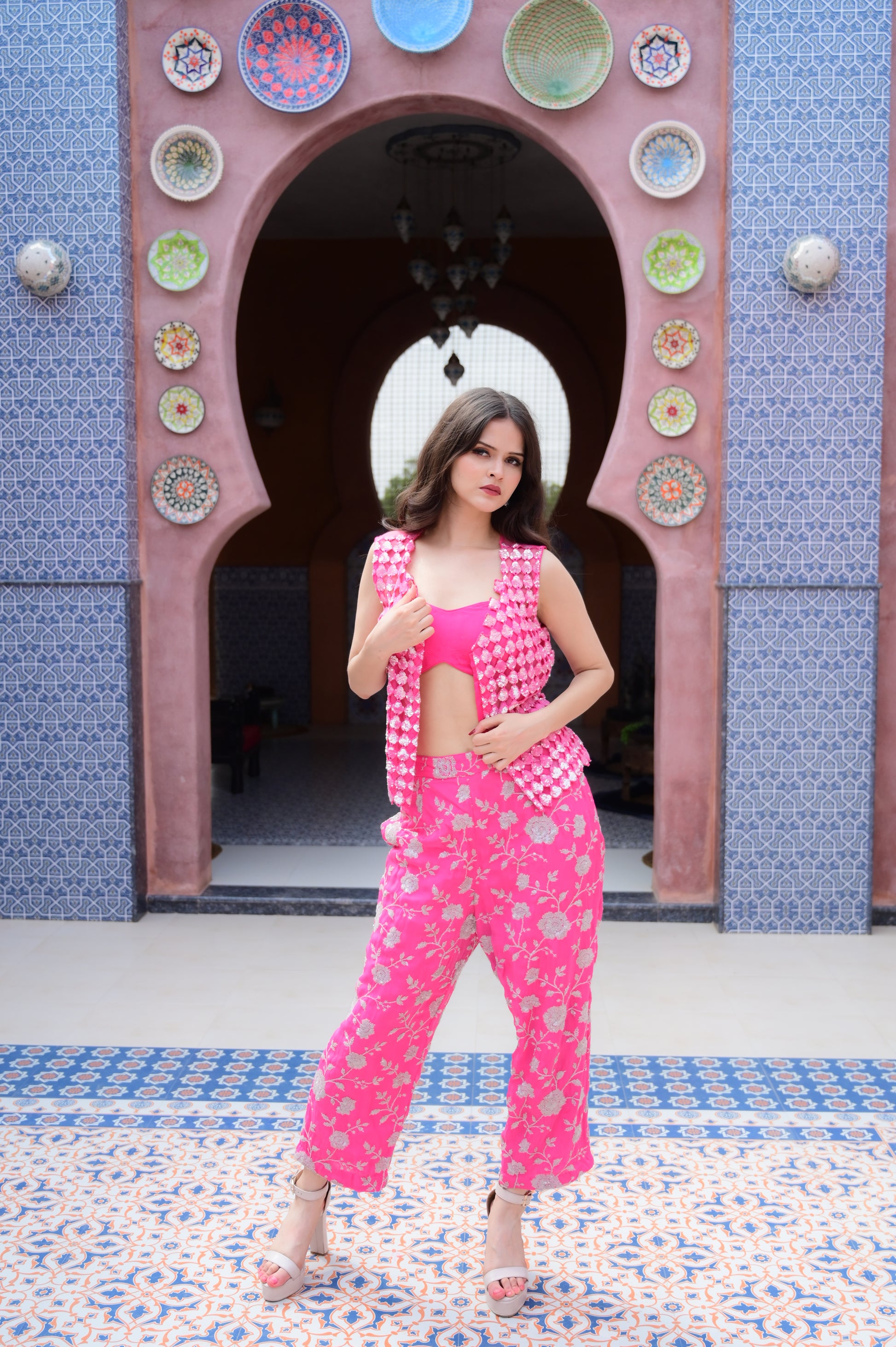 Fuchsia Draped Saree-Style Set