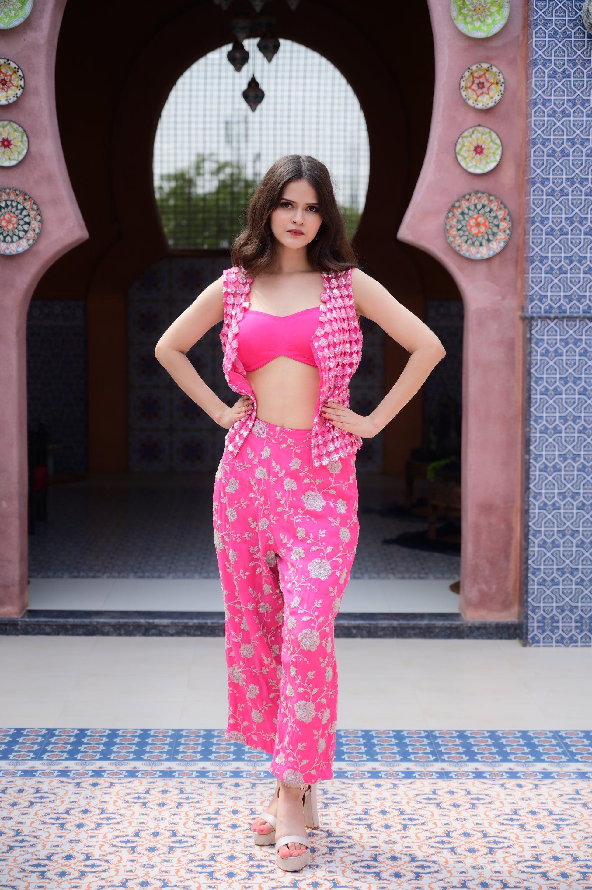Fuchsia Draped Saree-Style Set
