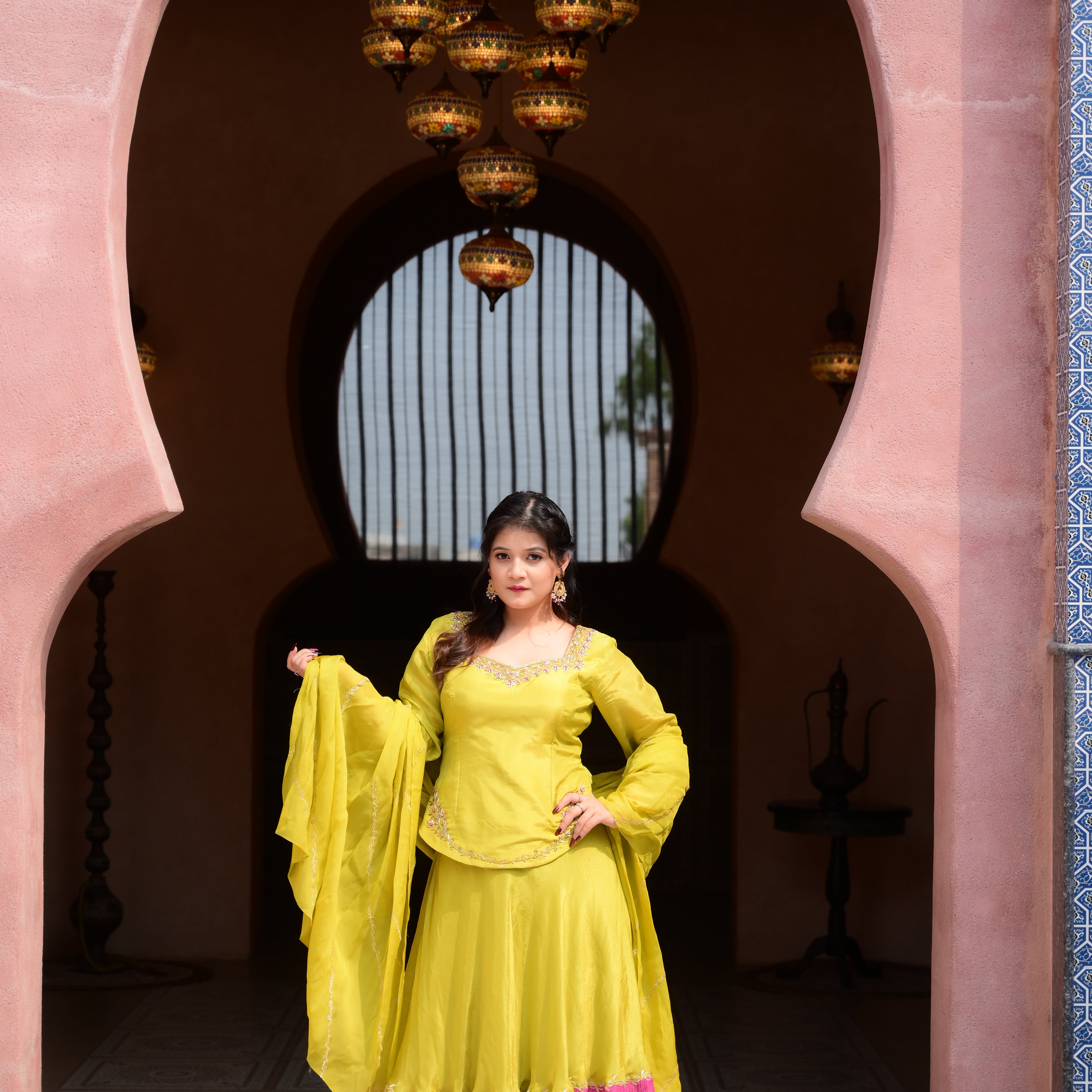 Lime Green & Pink Contrast Skirt Set
