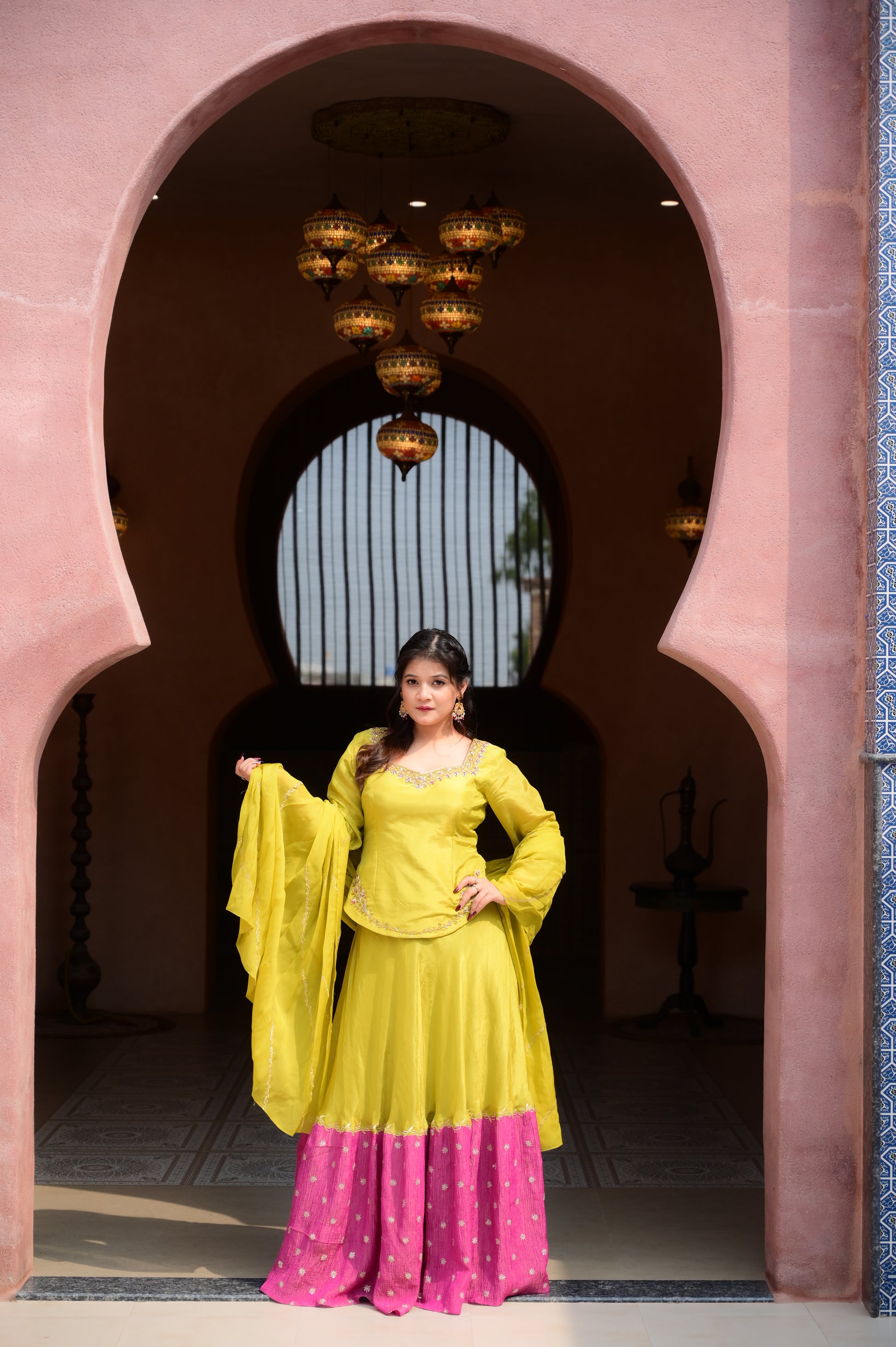 Lime Green & Pink Contrast Skirt Set