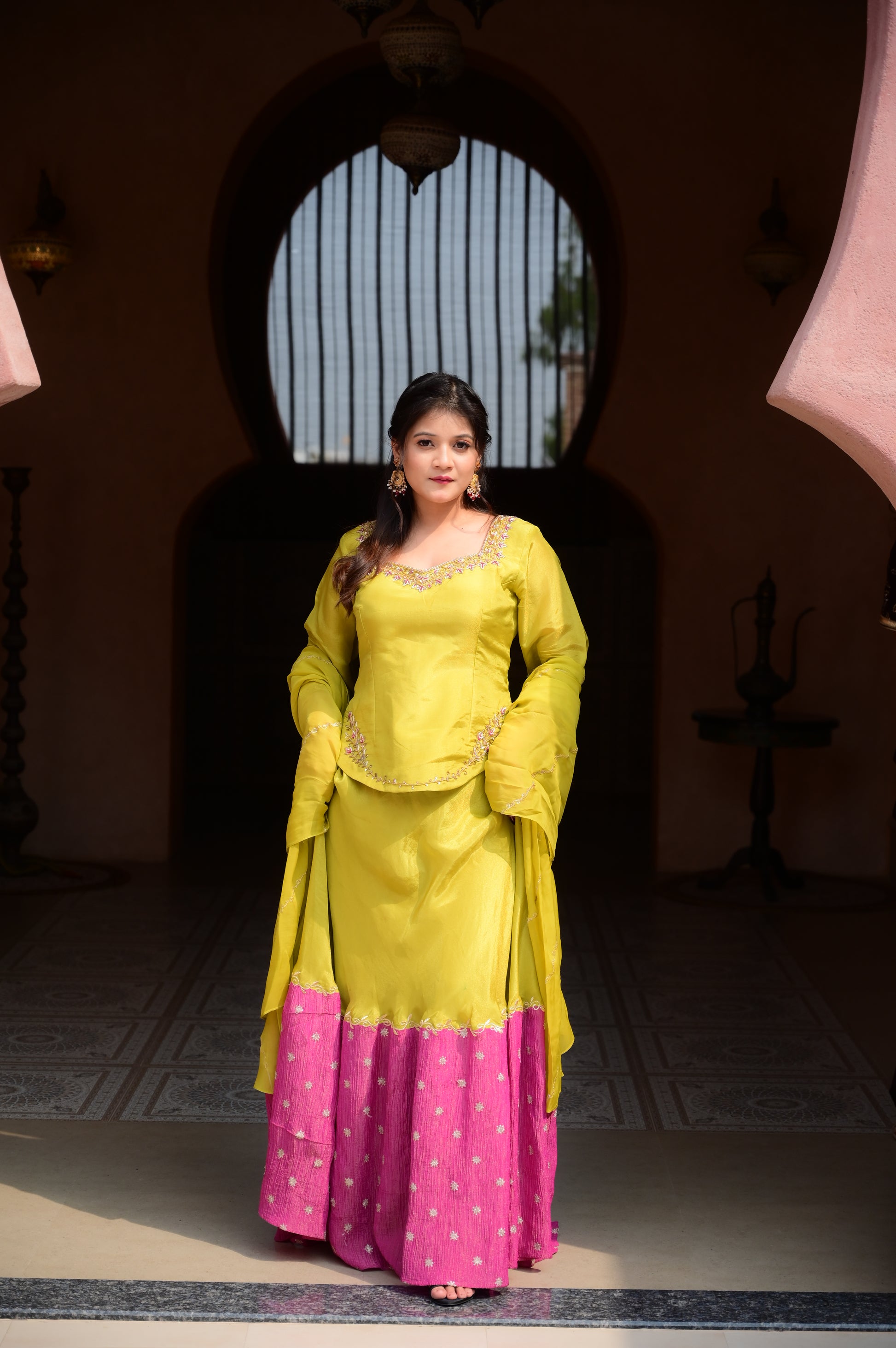 Lime Green & Pink Contrast Skirt Set