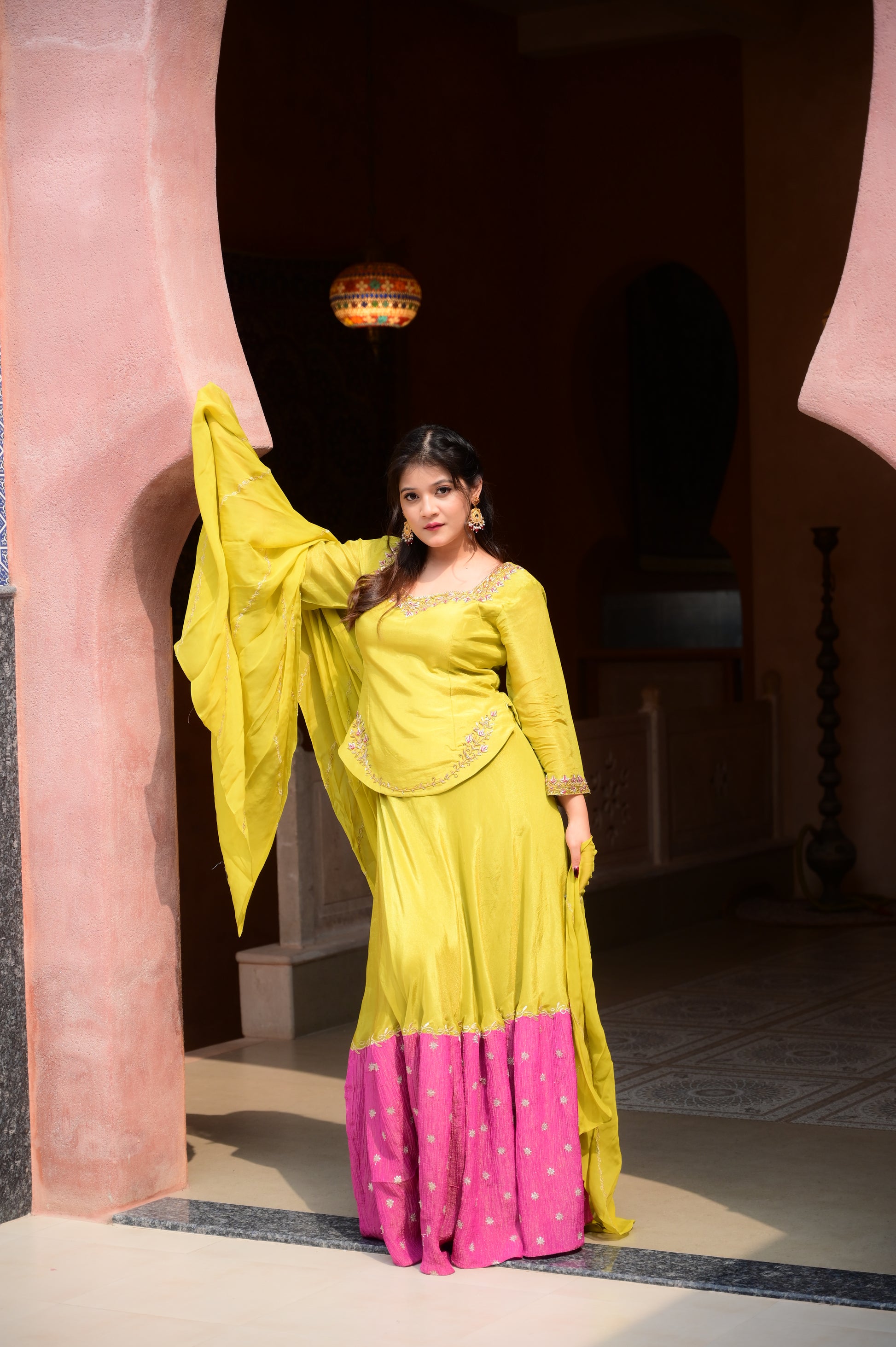 Lime Green & Pink Contrast Skirt Set