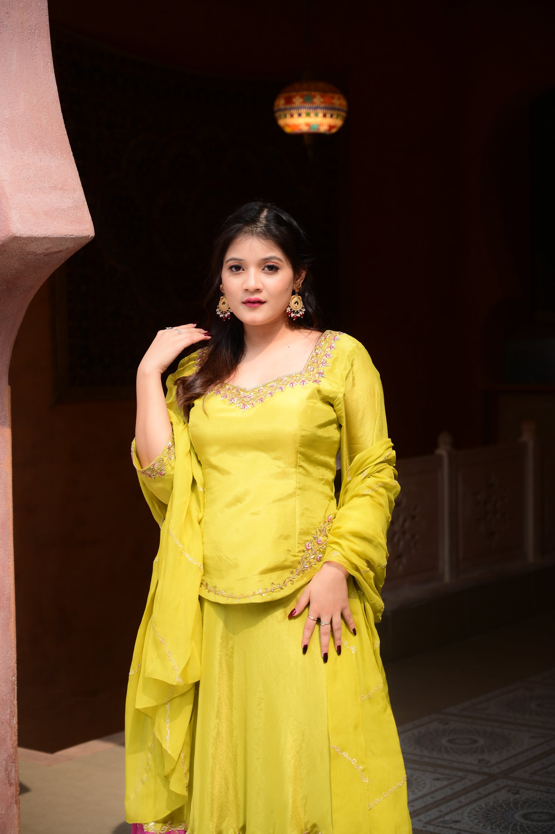 Lime Green & Pink Contrast Skirt Set