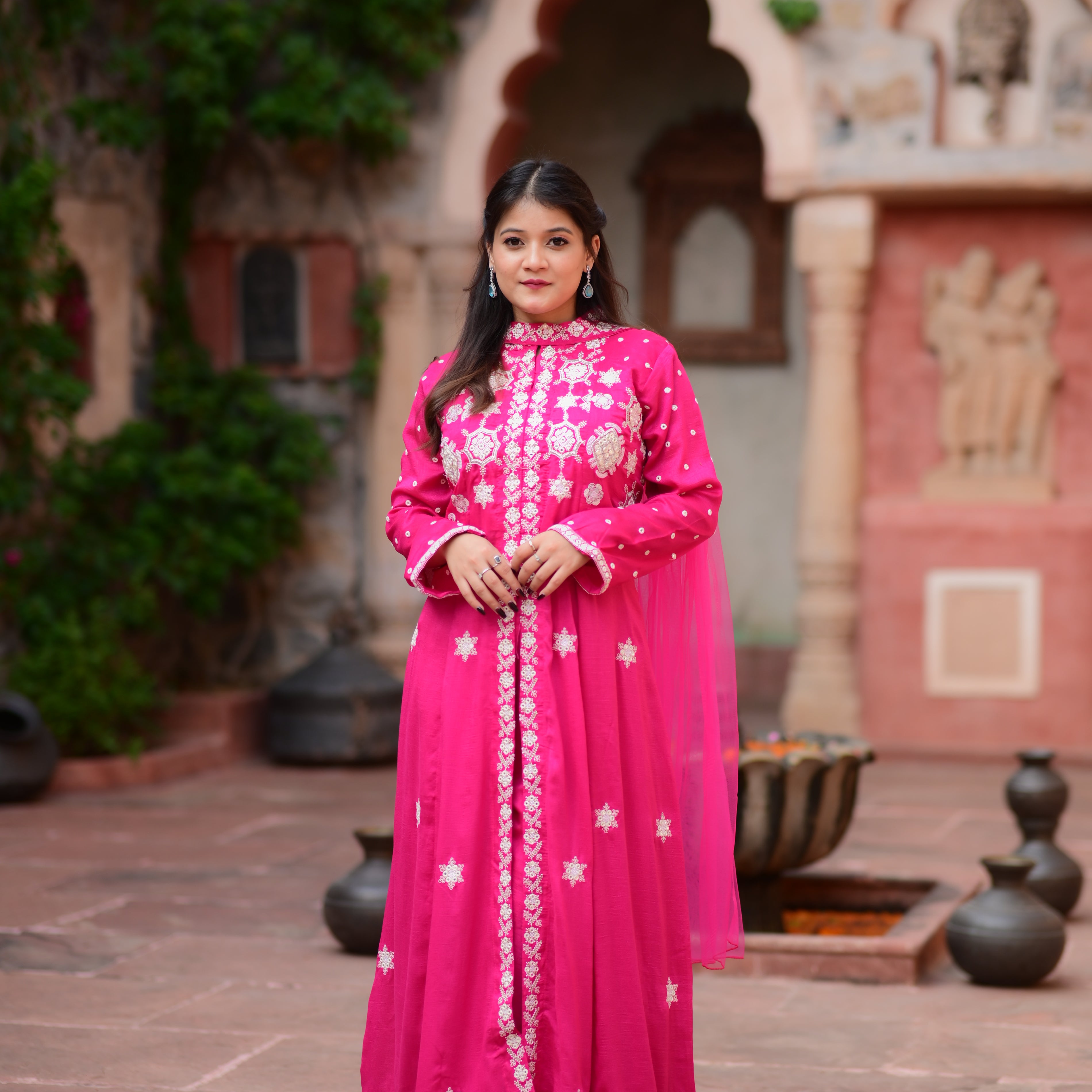 Premium Fuchsia Pink Embroidered Anarkali Kurta Set
