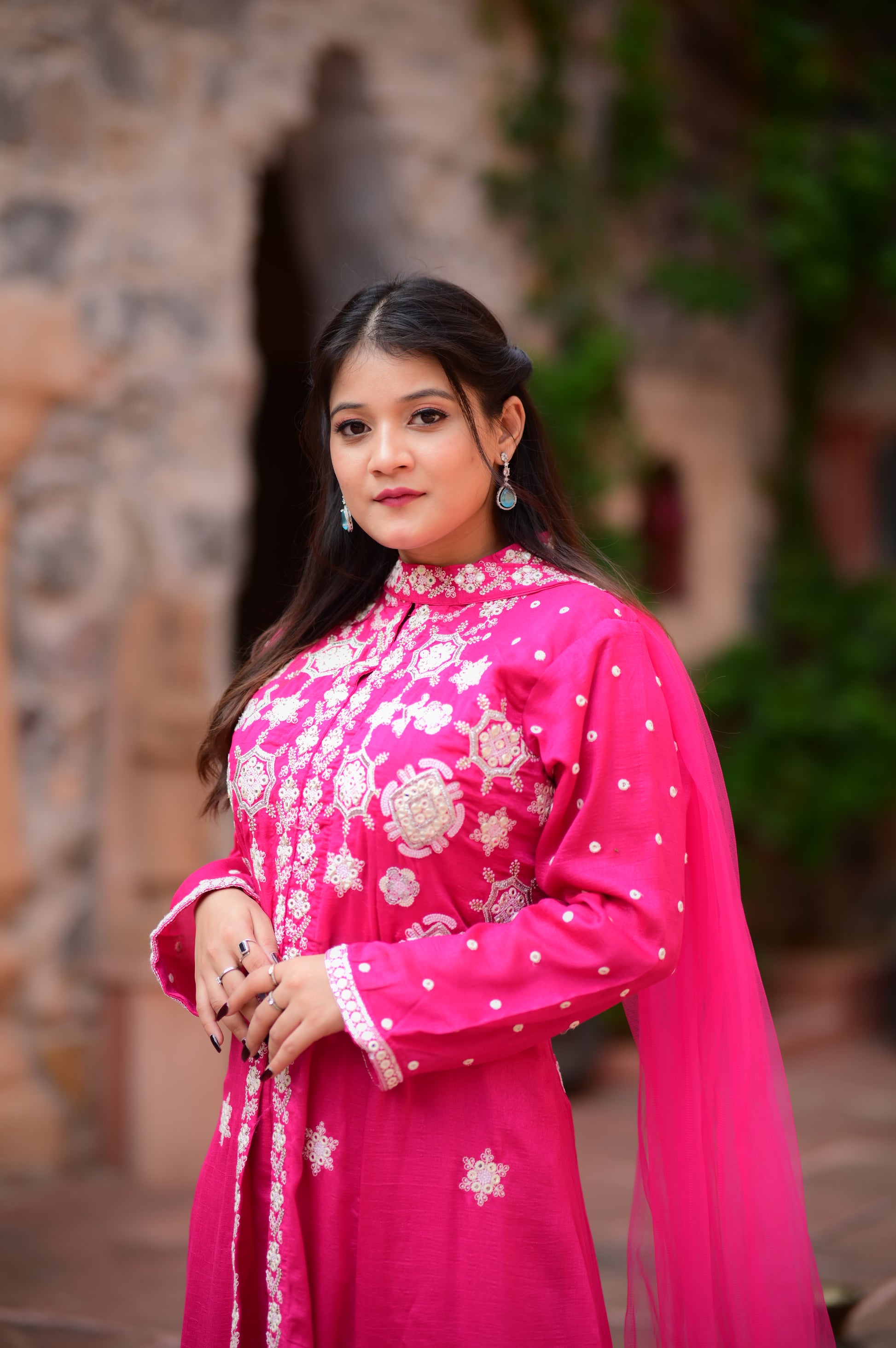 Premium Fuchsia Pink Embroidered Anarkali Kurta Set