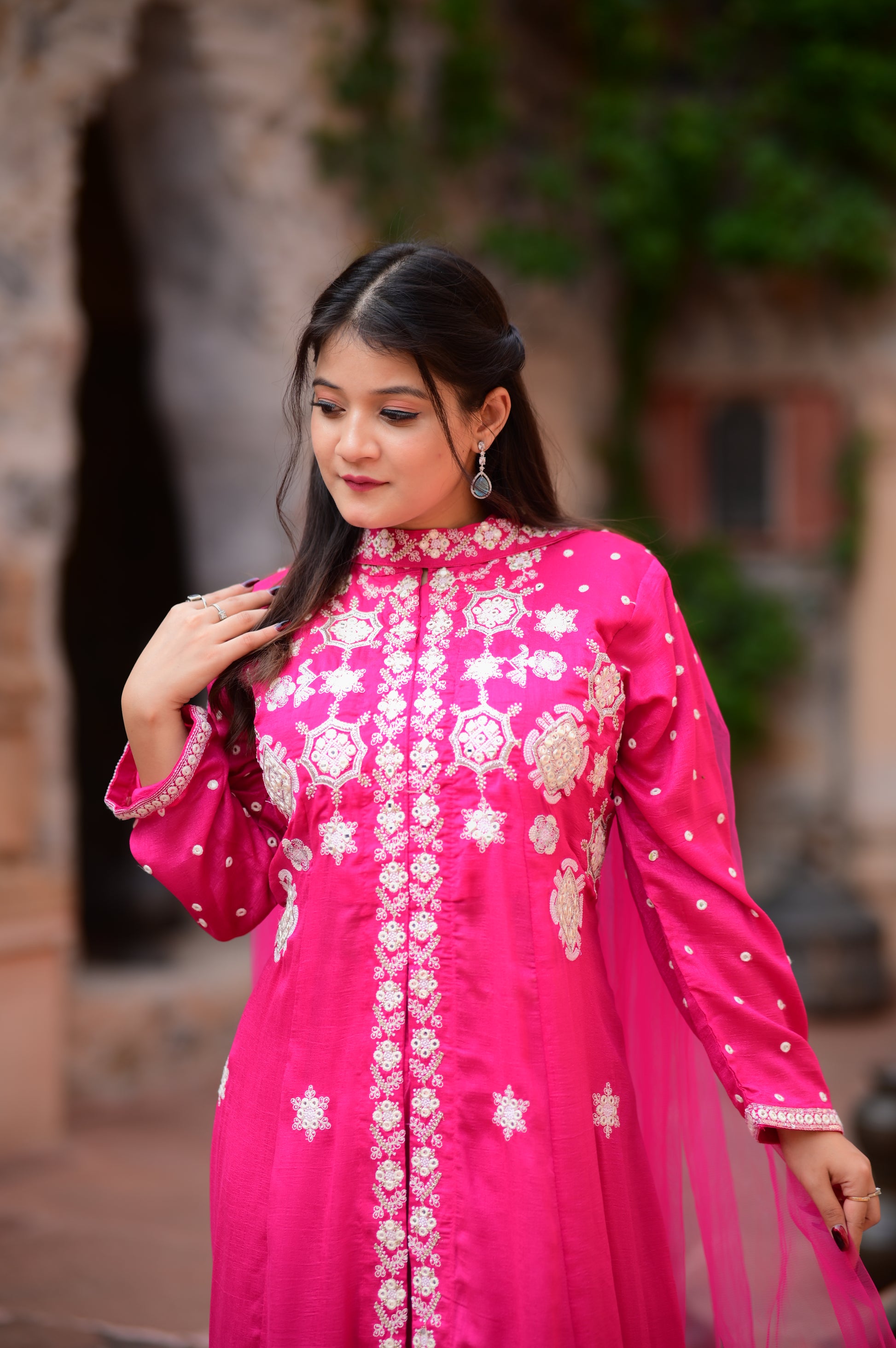Premium Fuchsia Pink Embroidered Anarkali Kurta Set