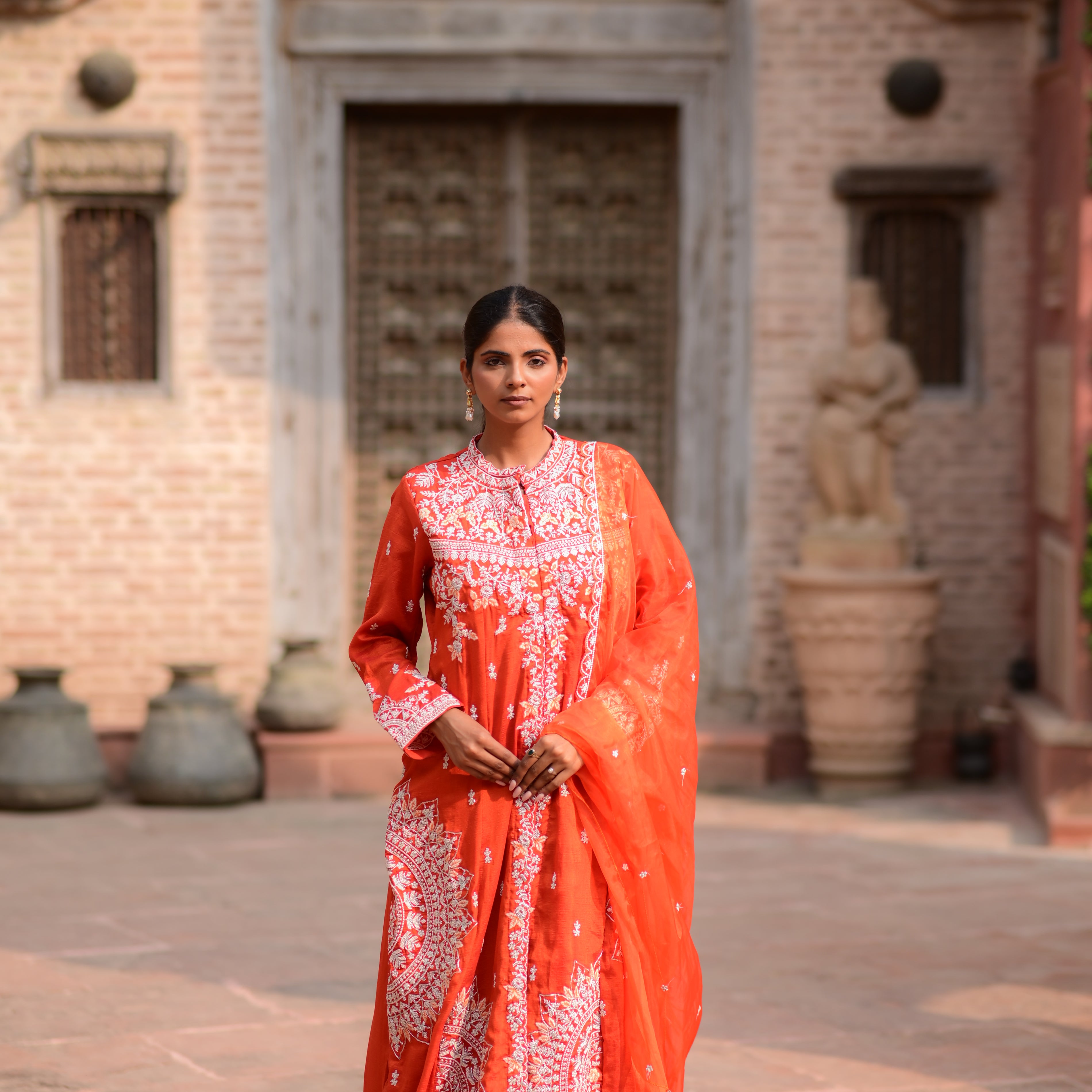 Premium Orange Chikankari Embroidered Kurta Set