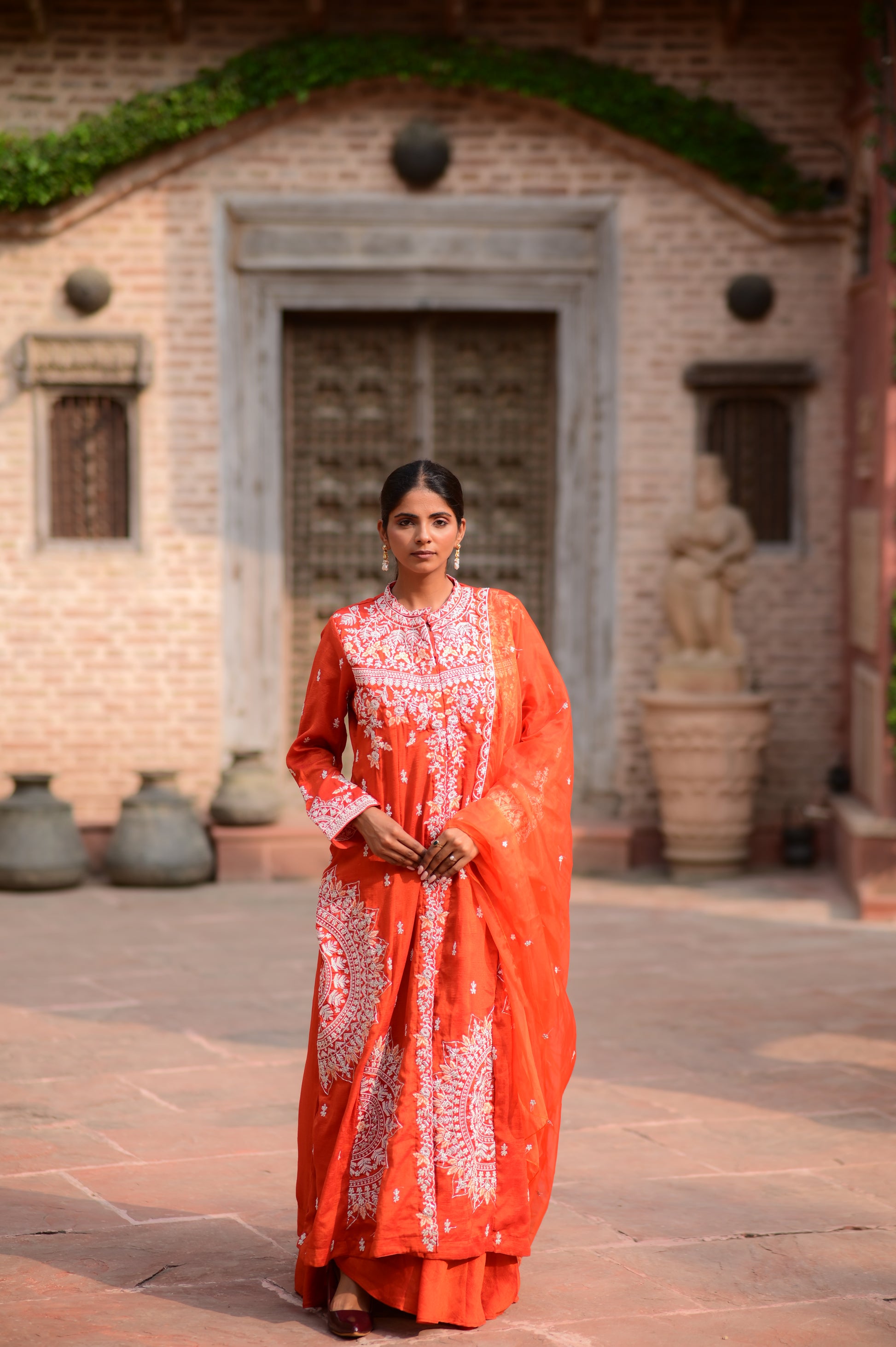 Premium Orange Chikankari Embroidered Kurta Set