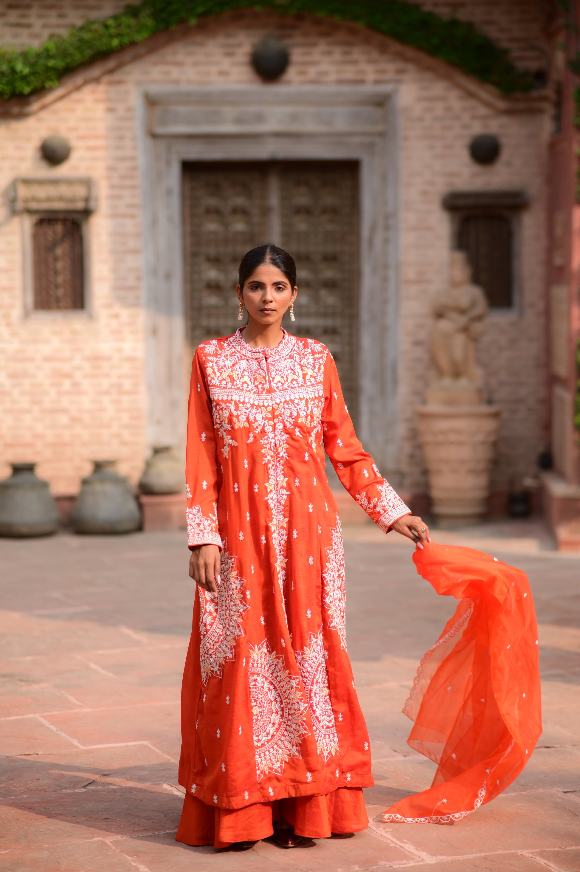 Premium Orange Chikankari Embroidered Kurta Set