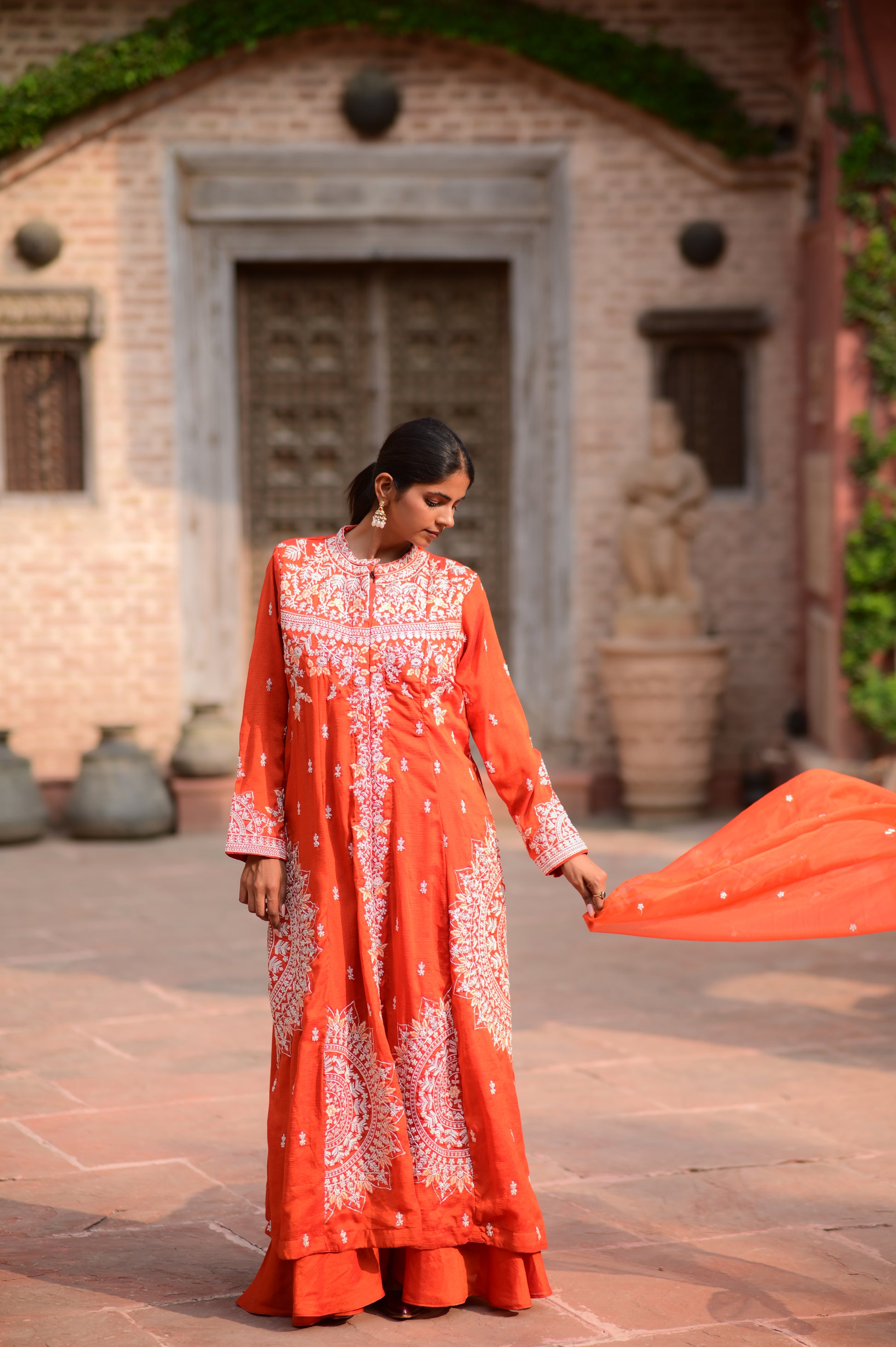 Premium Orange Chikankari Embroidered Kurta Set