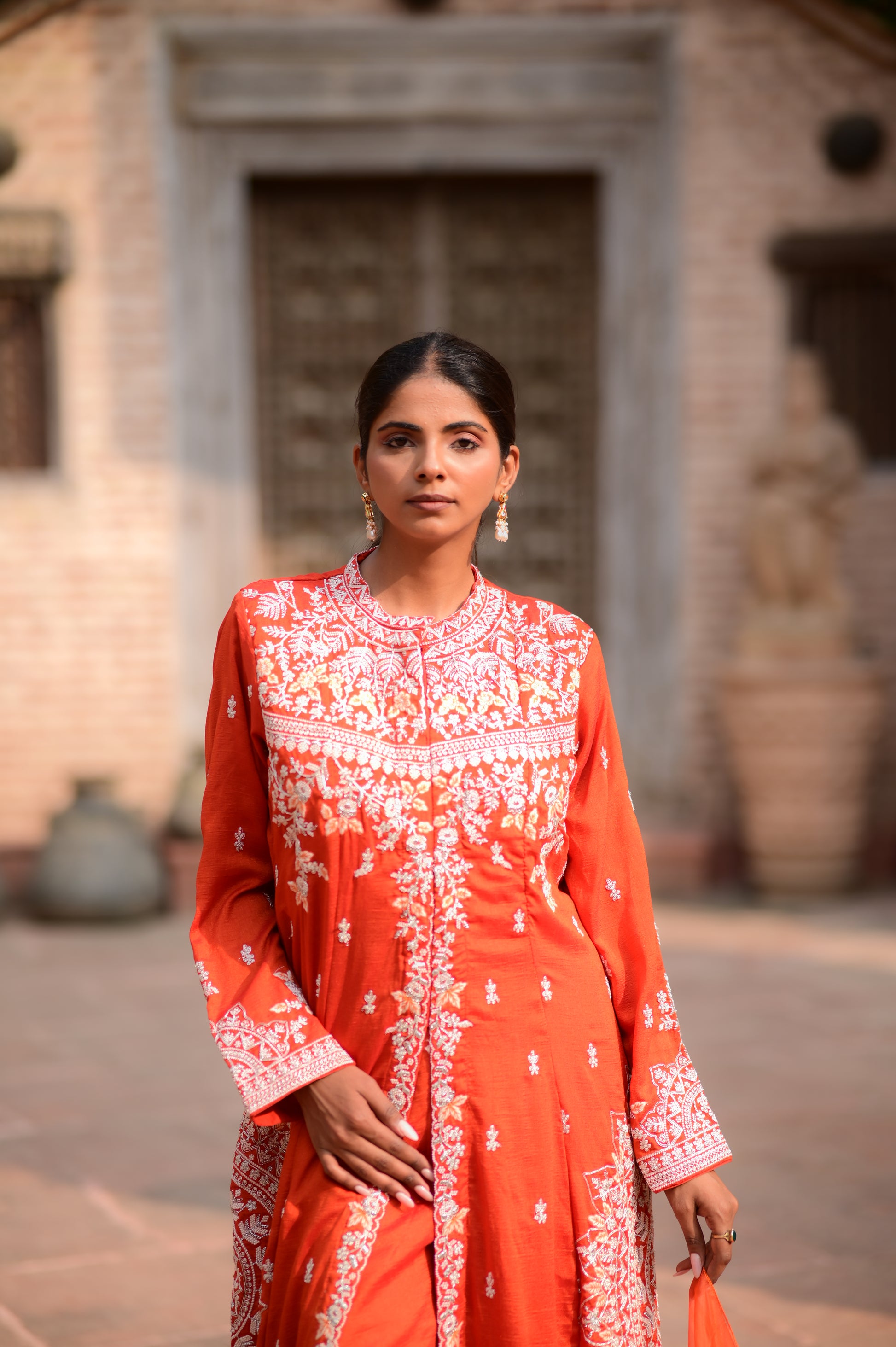 Premium Orange Chikankari Embroidered Kurta Set