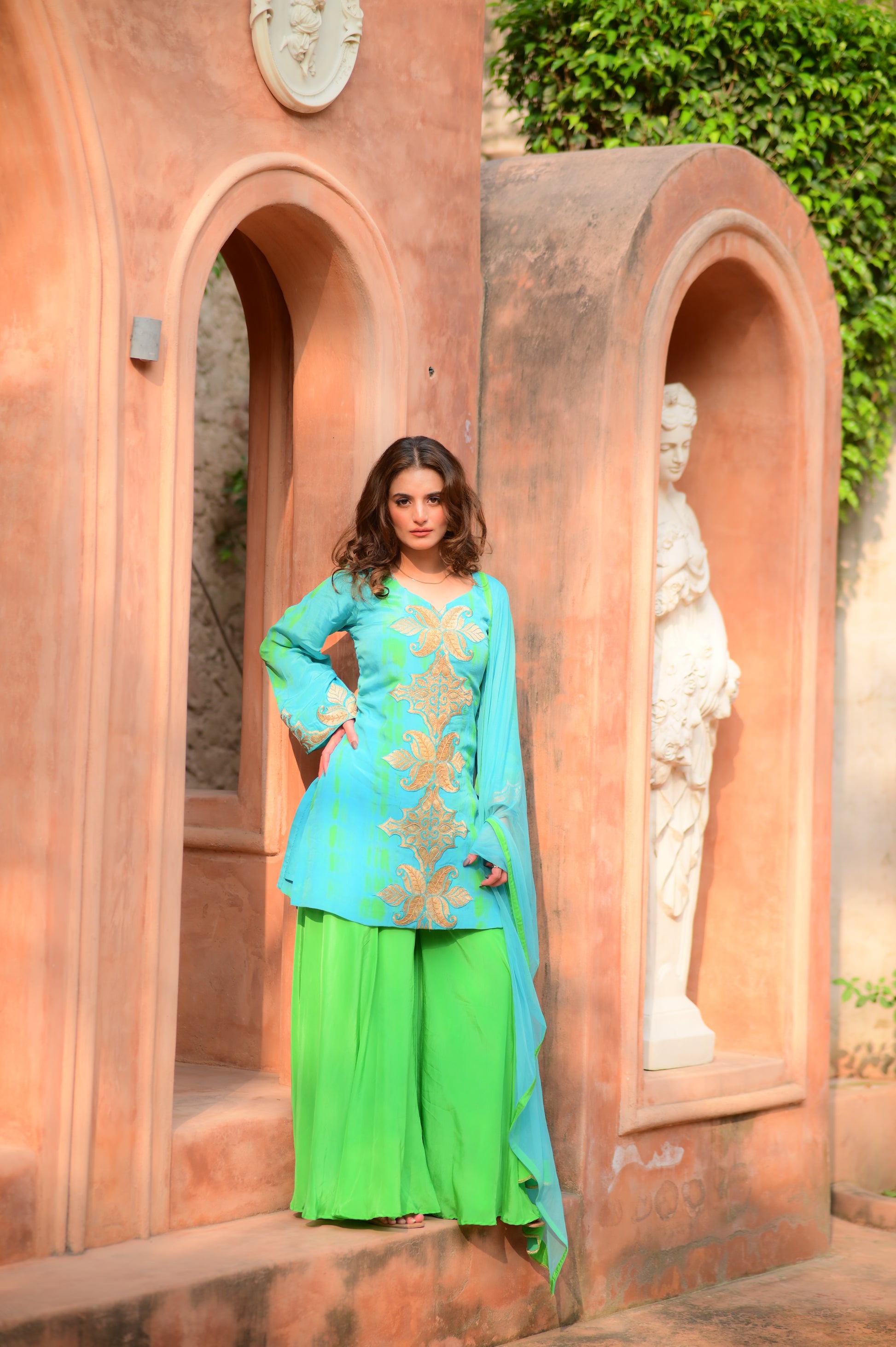 Aqua Breeze Embroidered Kurta & Lime Palazzo Set