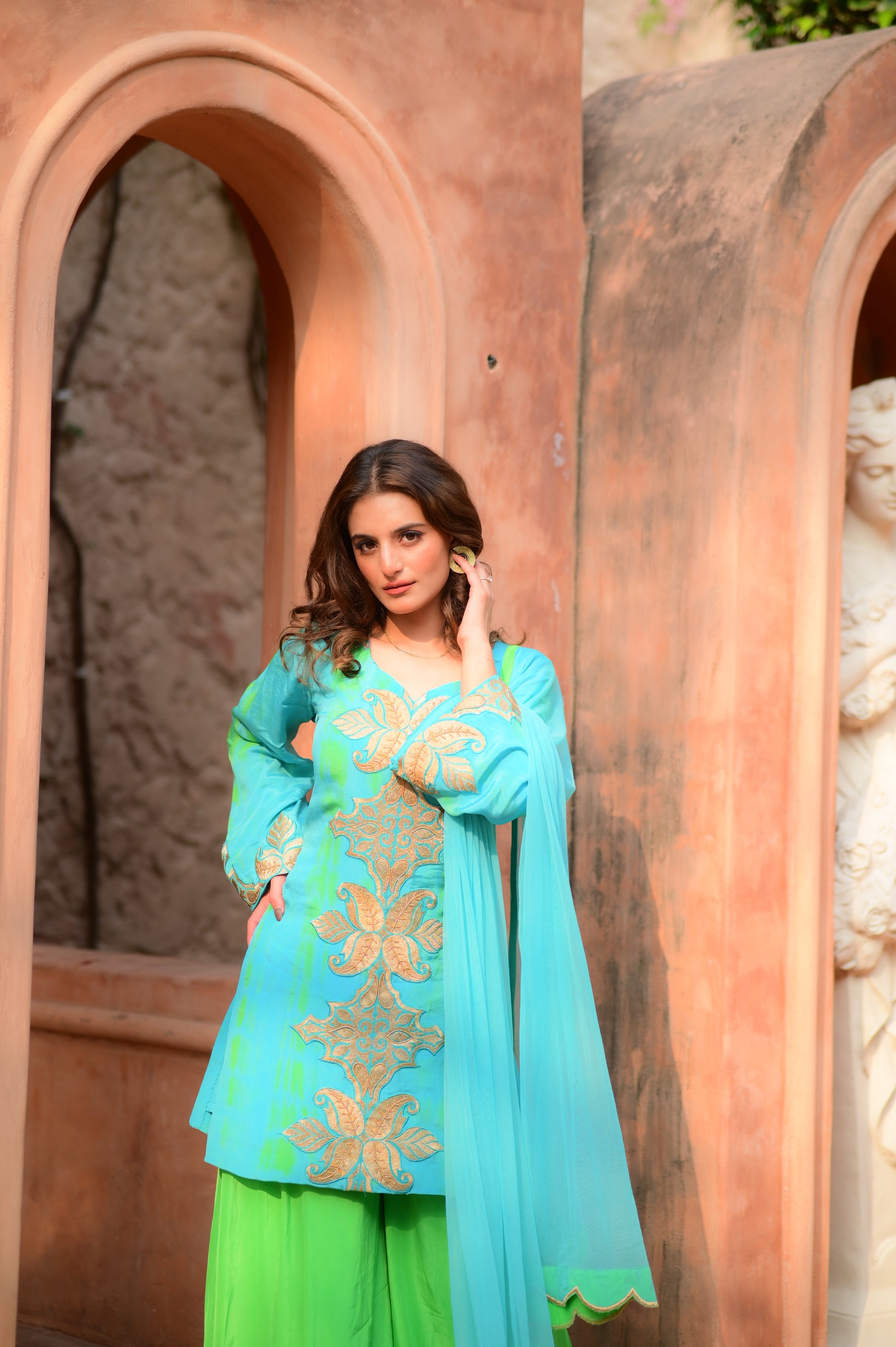 Aqua Breeze Embroidered Kurta & Lime Palazzo Set