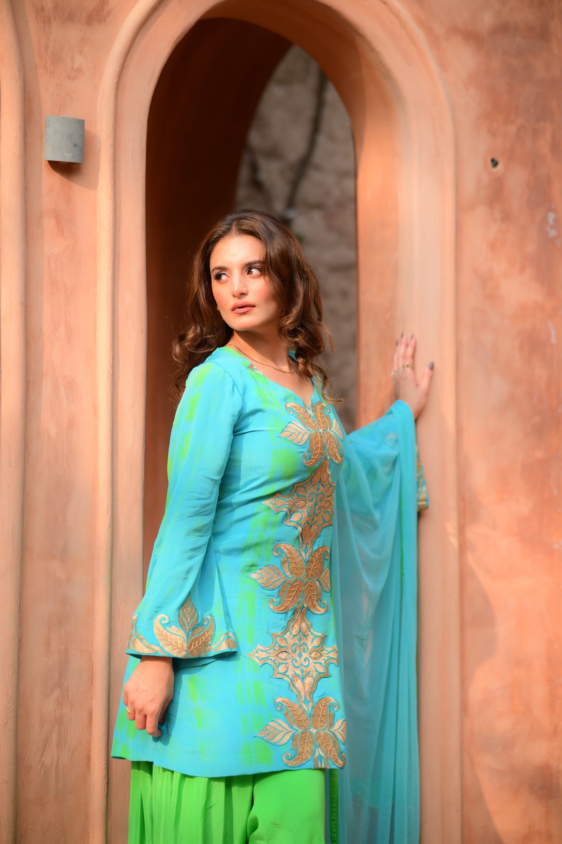 Aqua Breeze Embroidered Kurta & Lime Palazzo Set