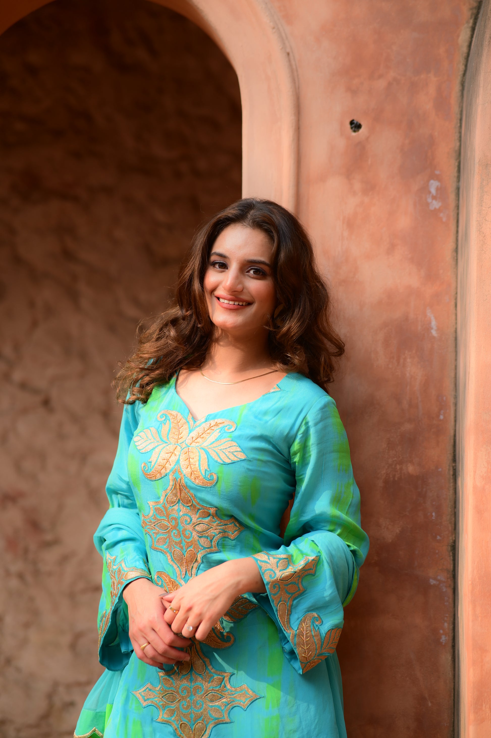 Aqua Breeze Embroidered Kurta & Lime Palazzo Set