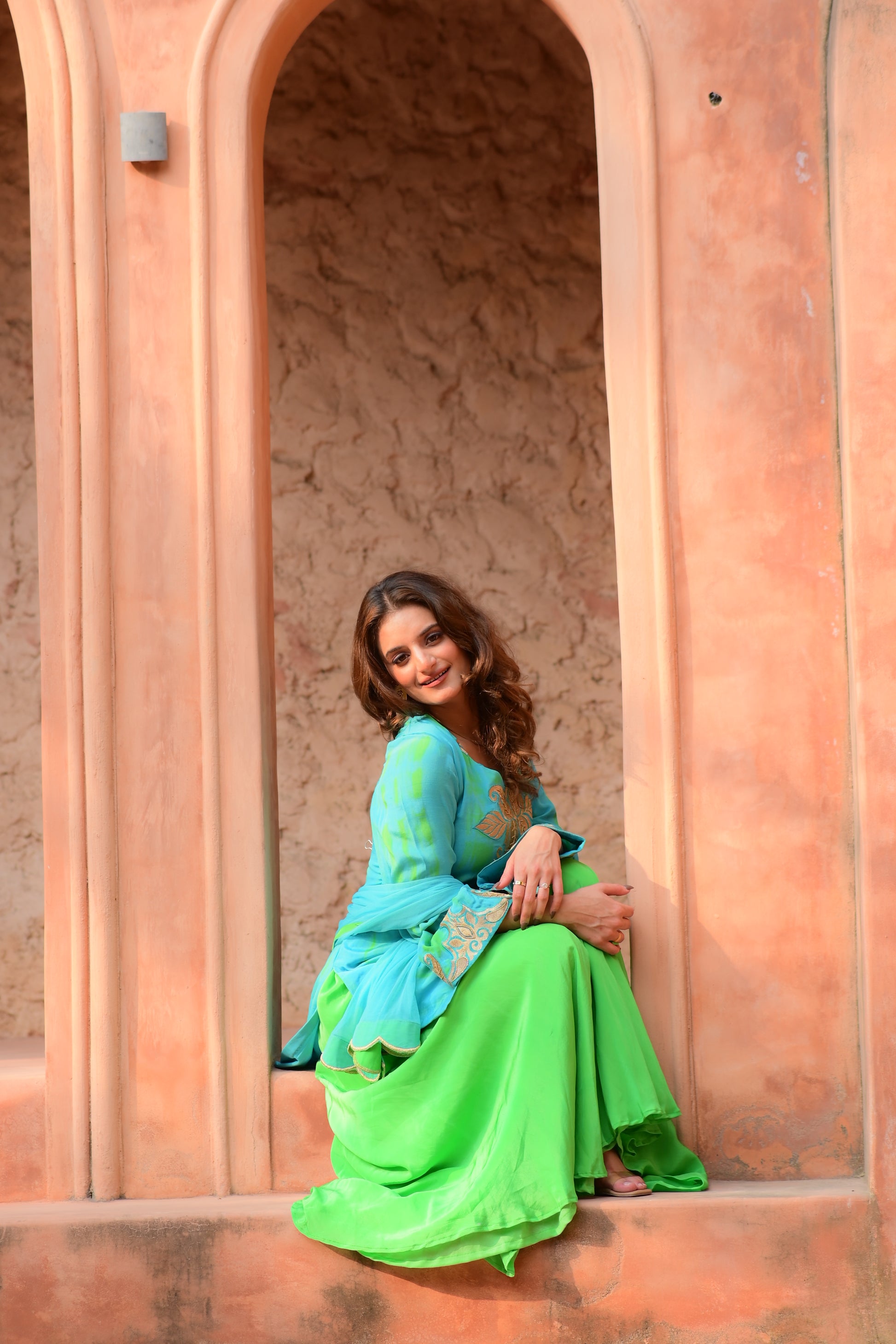 Aqua Breeze Embroidered Kurta & Lime Palazzo Set