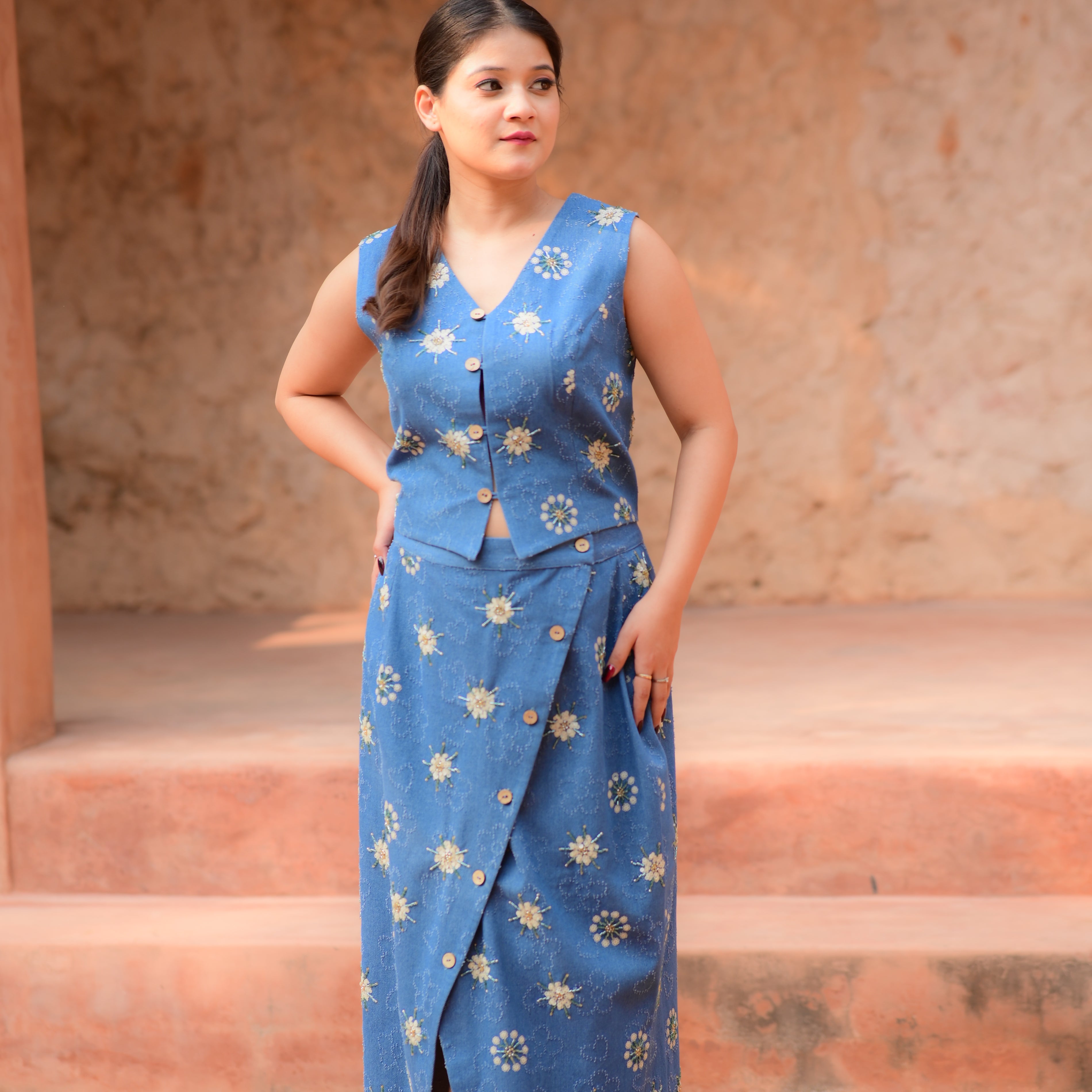 Blue Top with Front-Slit Skirt