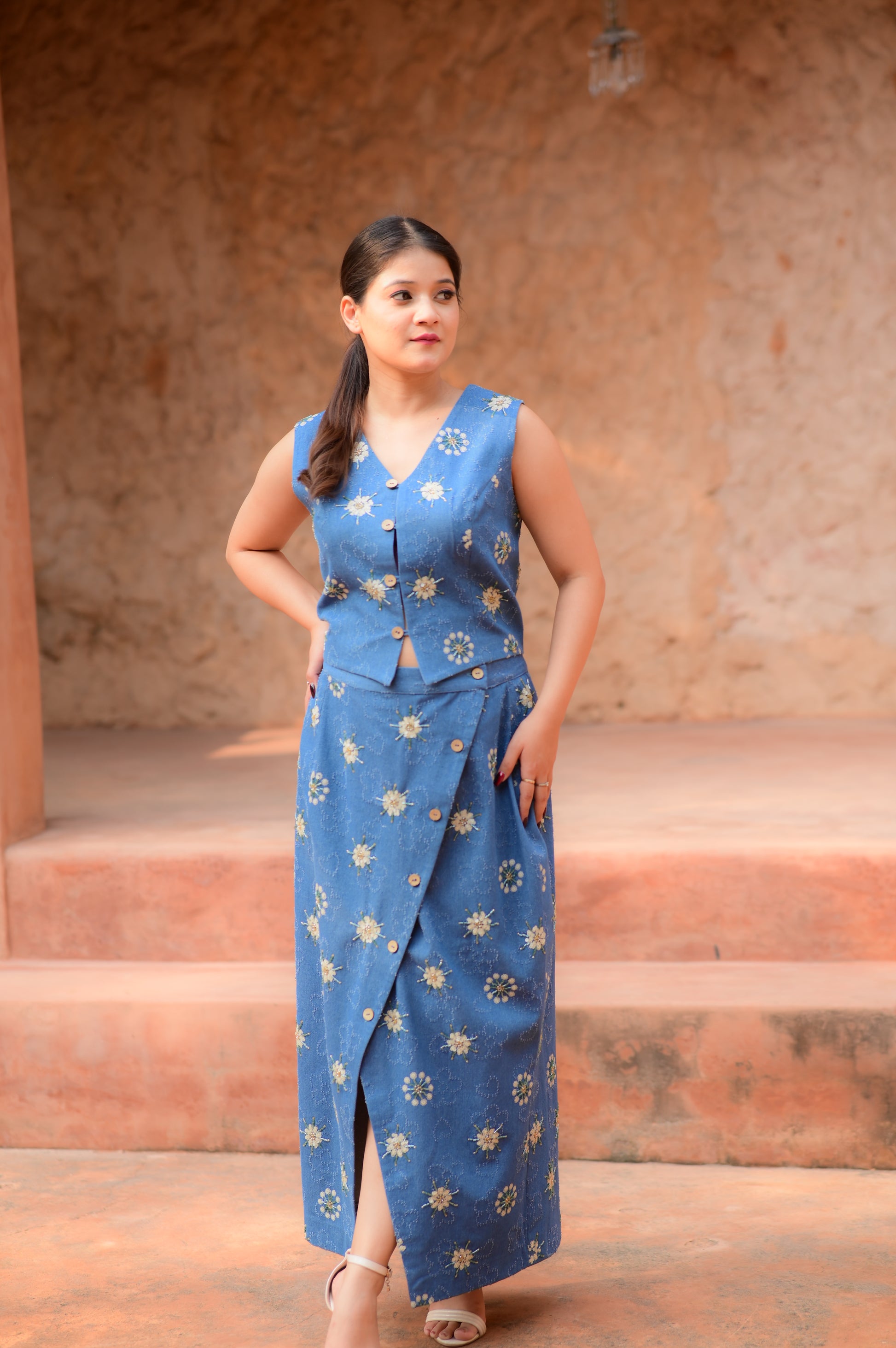 Blue Top with Front-Slit Skirt