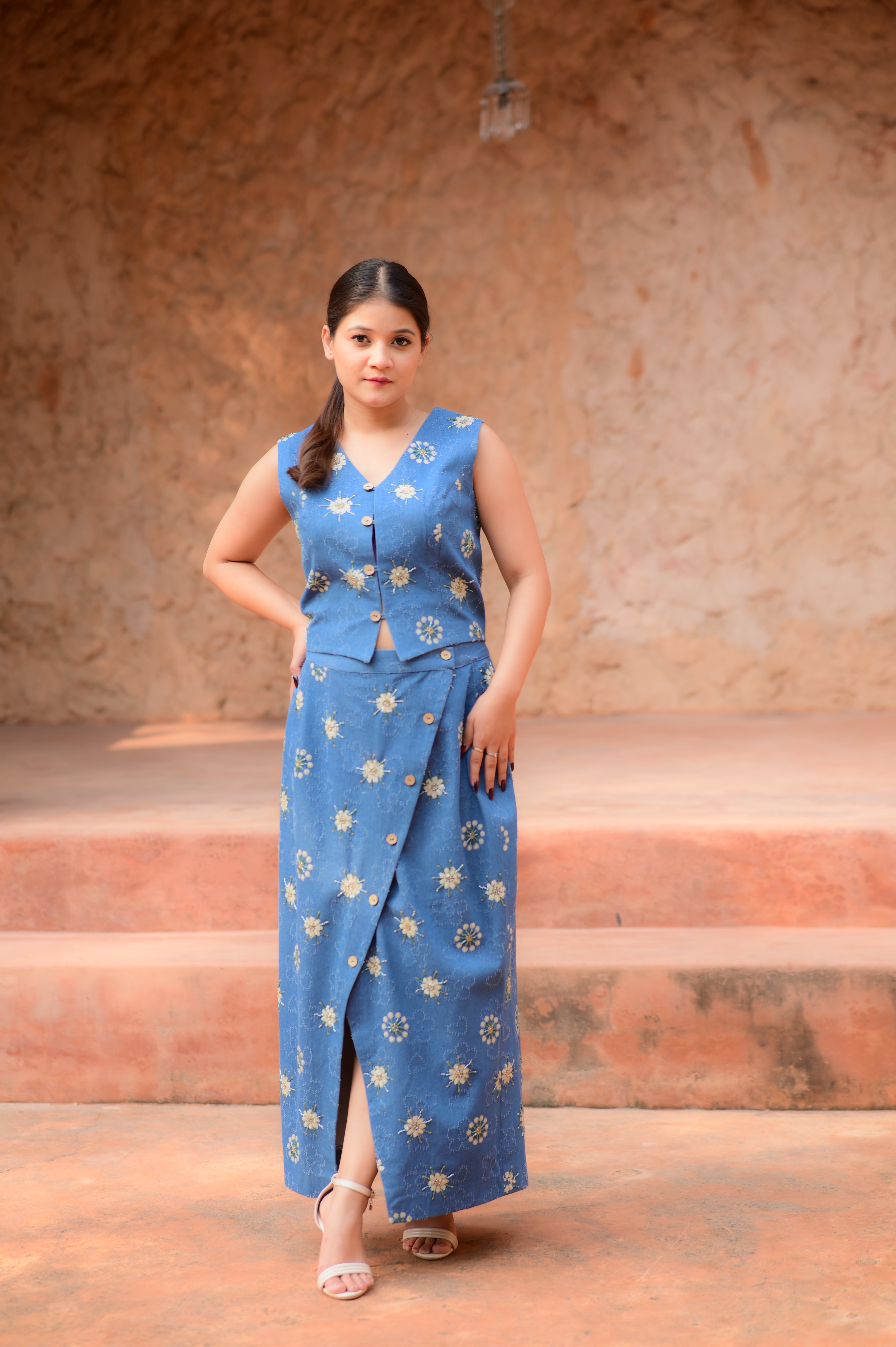 Blue Top with Front-Slit Skirt