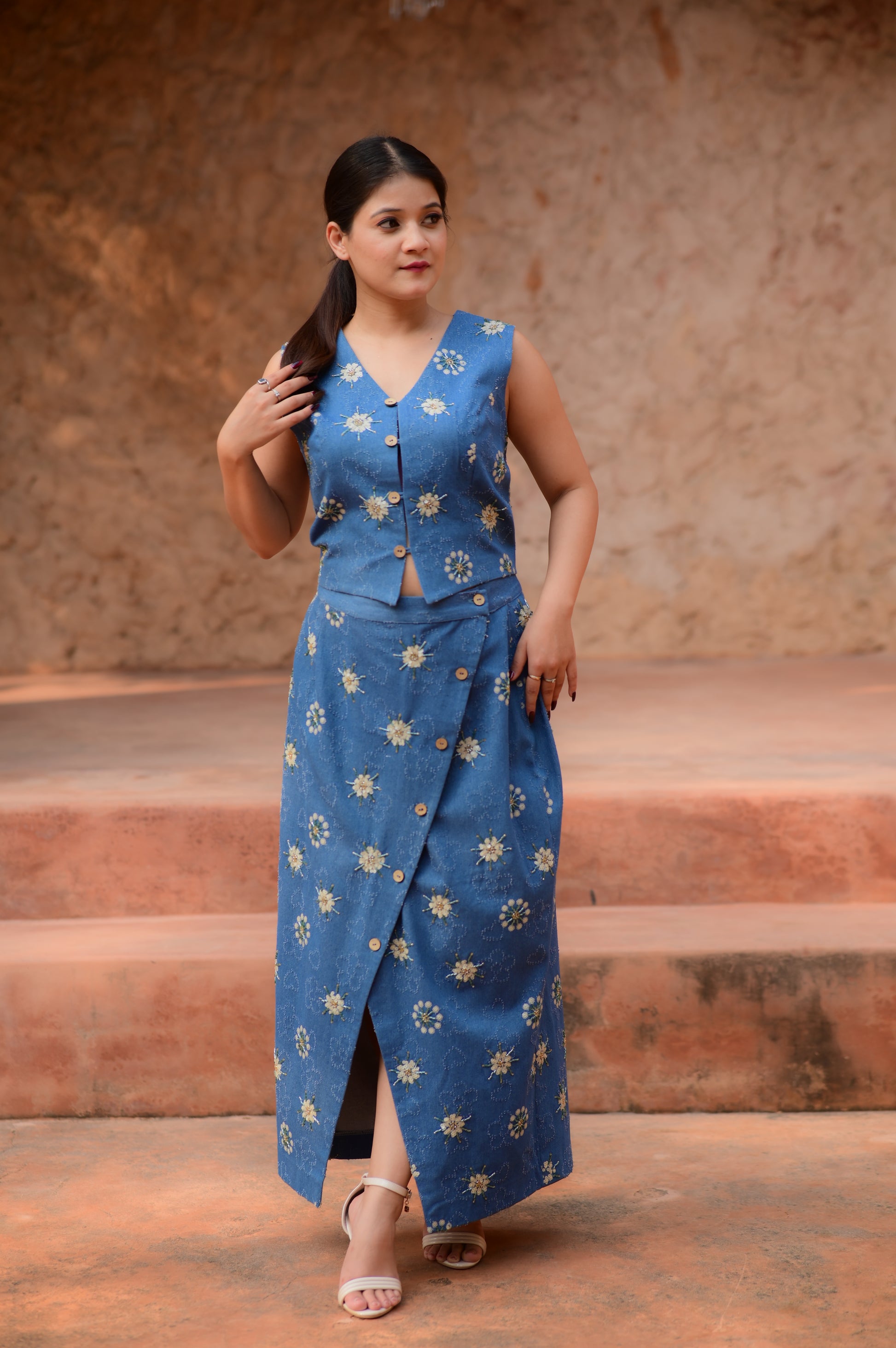 Blue Top with Front-Slit Skirt