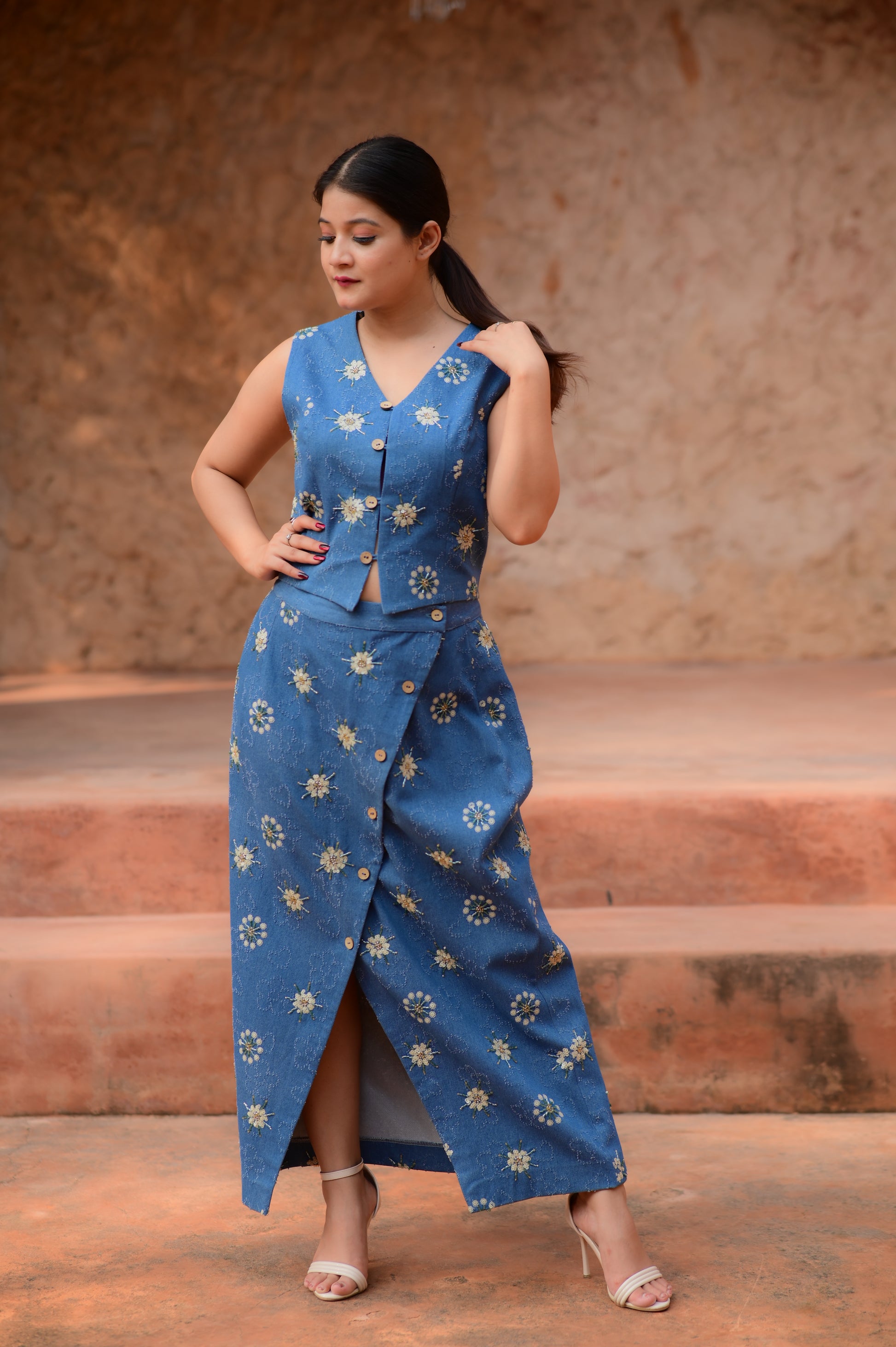 Blue Top with Front-Slit Skirt