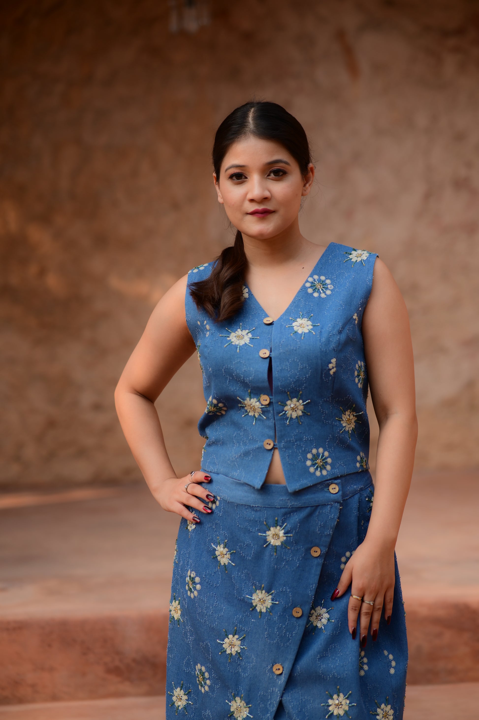 Blue Top with Front-Slit Skirt