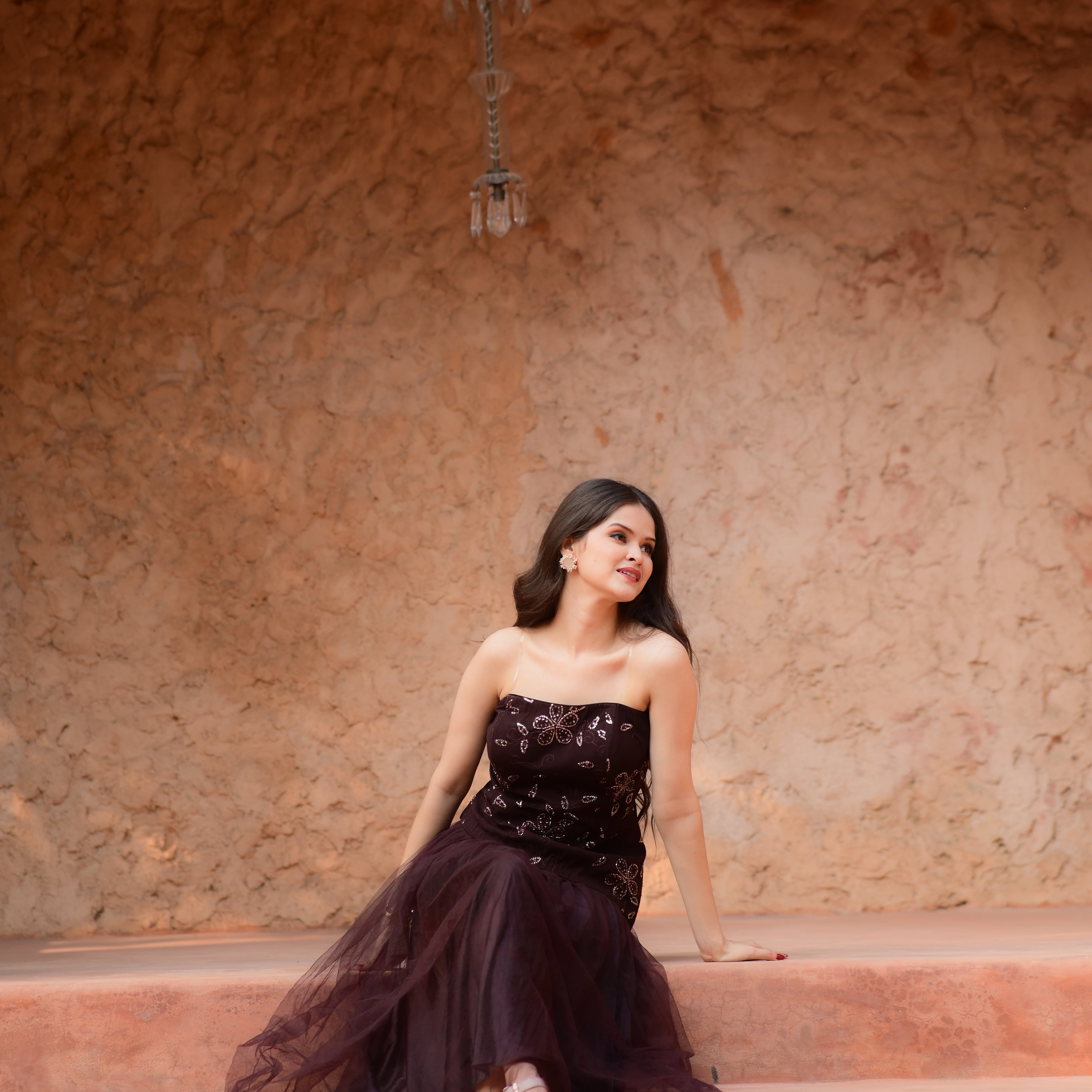 Embellished Maroon Tulle Strapless Evening Dress