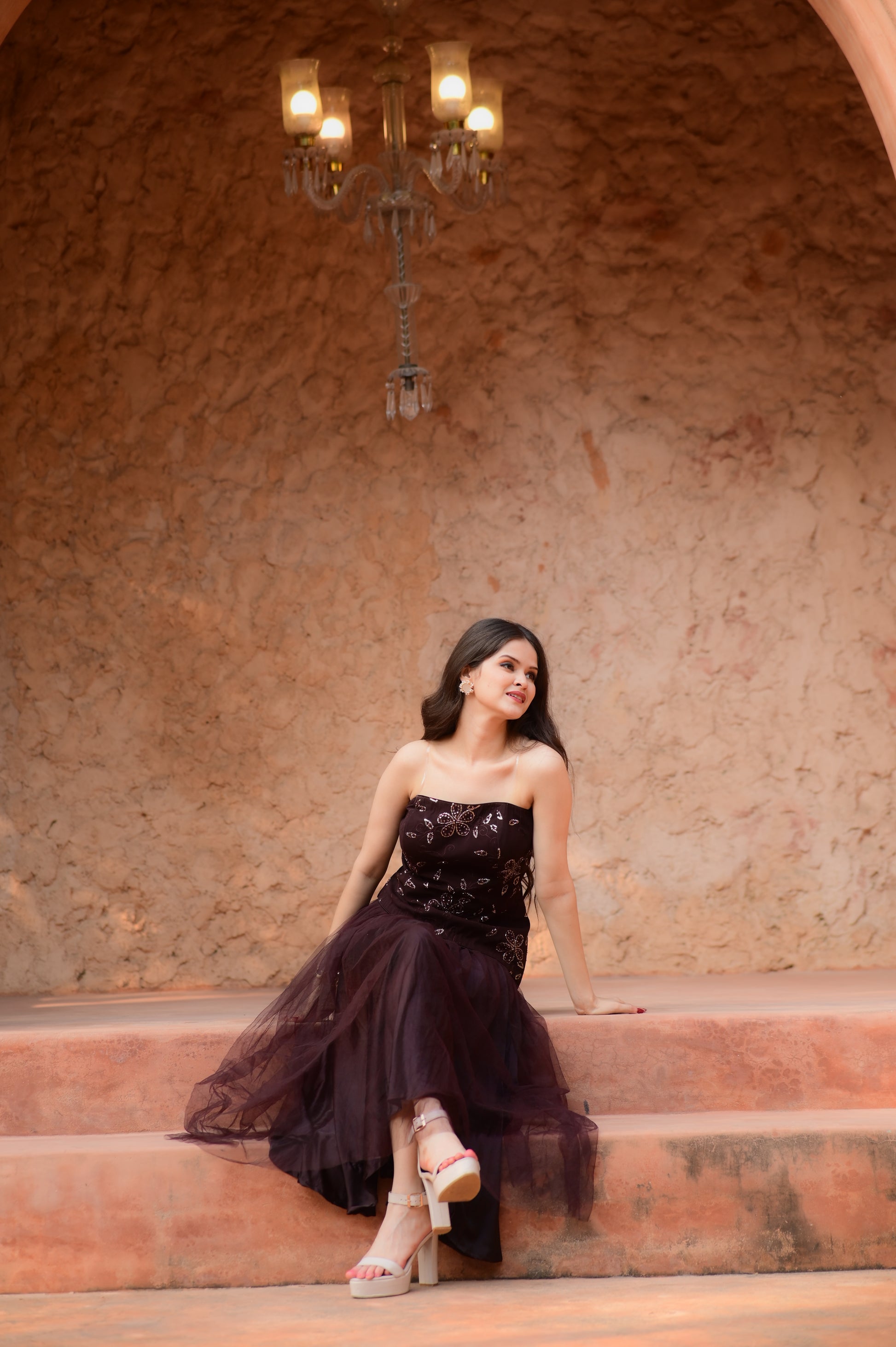 Embellished Maroon Tulle Strapless Evening Dress