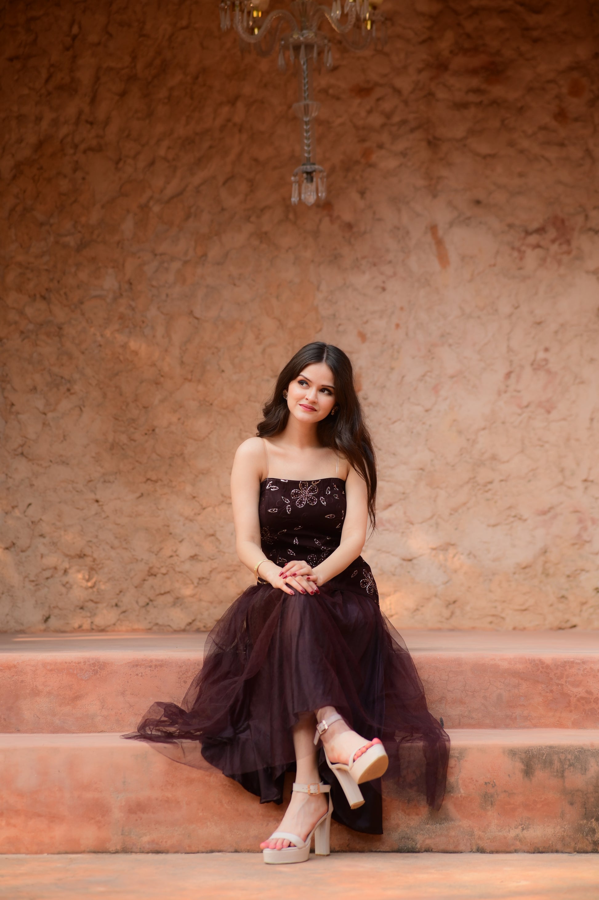 Embellished Maroon Tulle Strapless Evening Dress