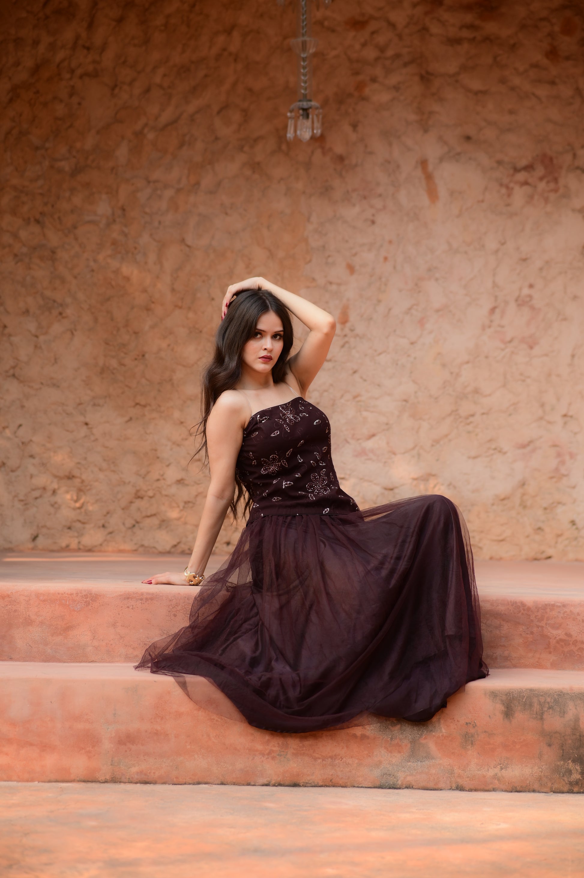Embellished Maroon Tulle Strapless Evening Dress