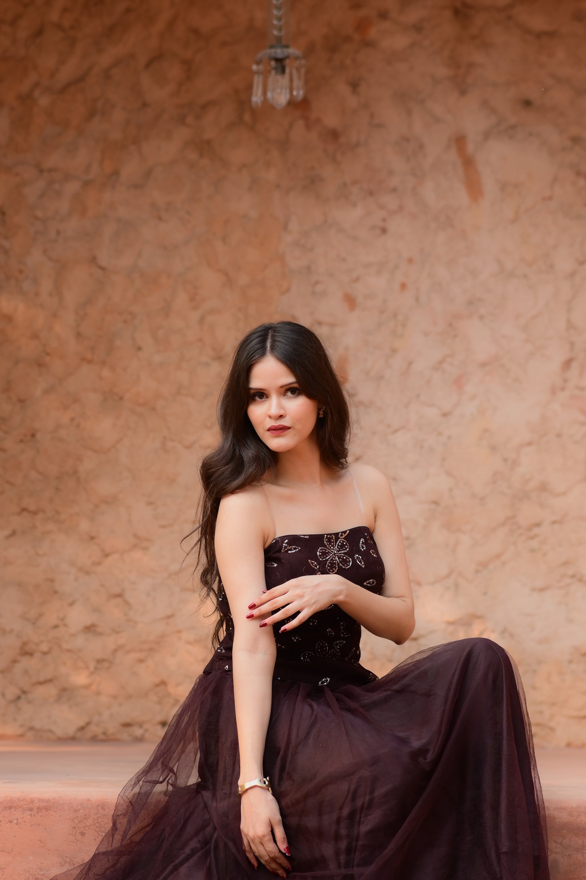 Embellished Maroon Tulle Strapless Evening Dress