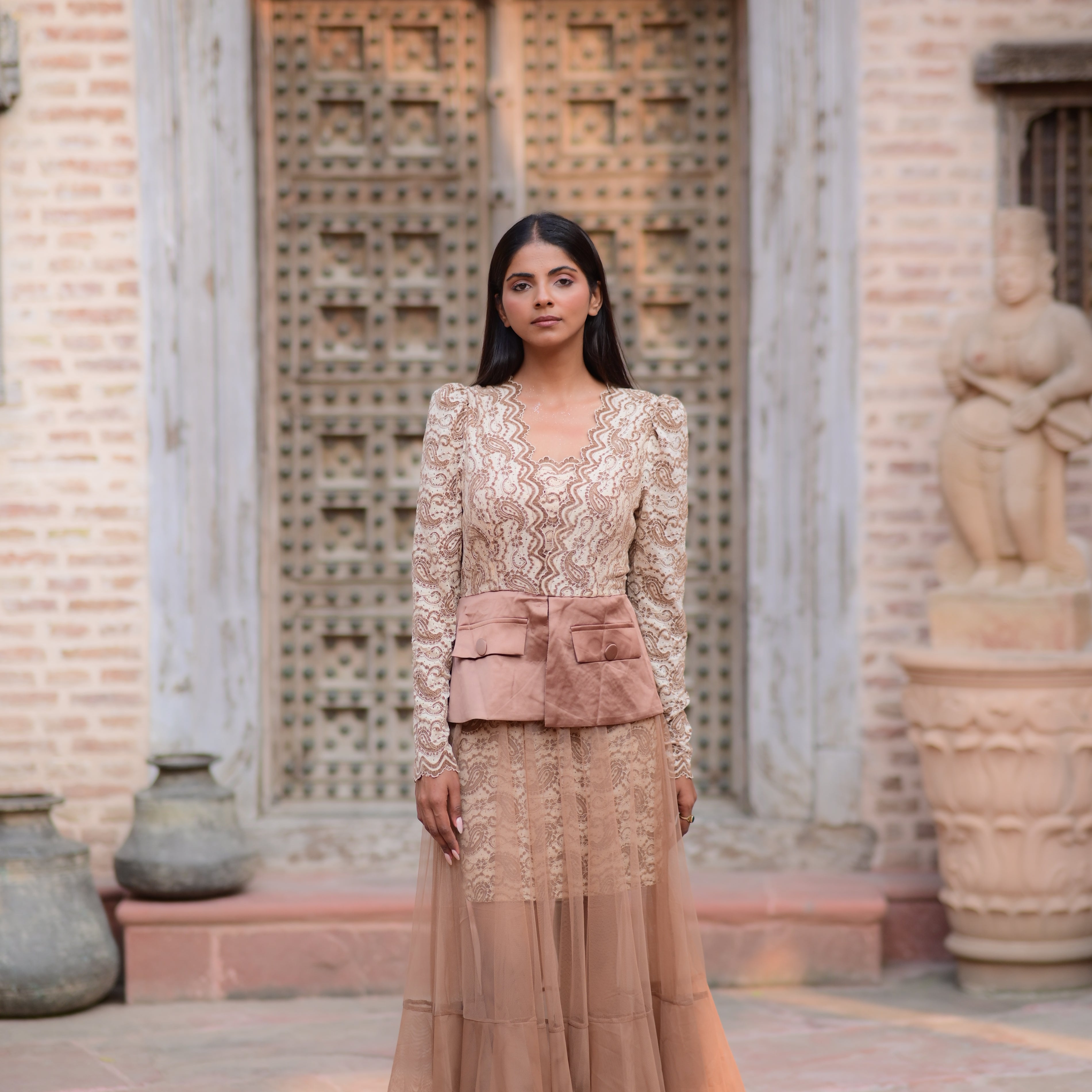 Nude Lace Long Dress with Sheer Tulle Skirt