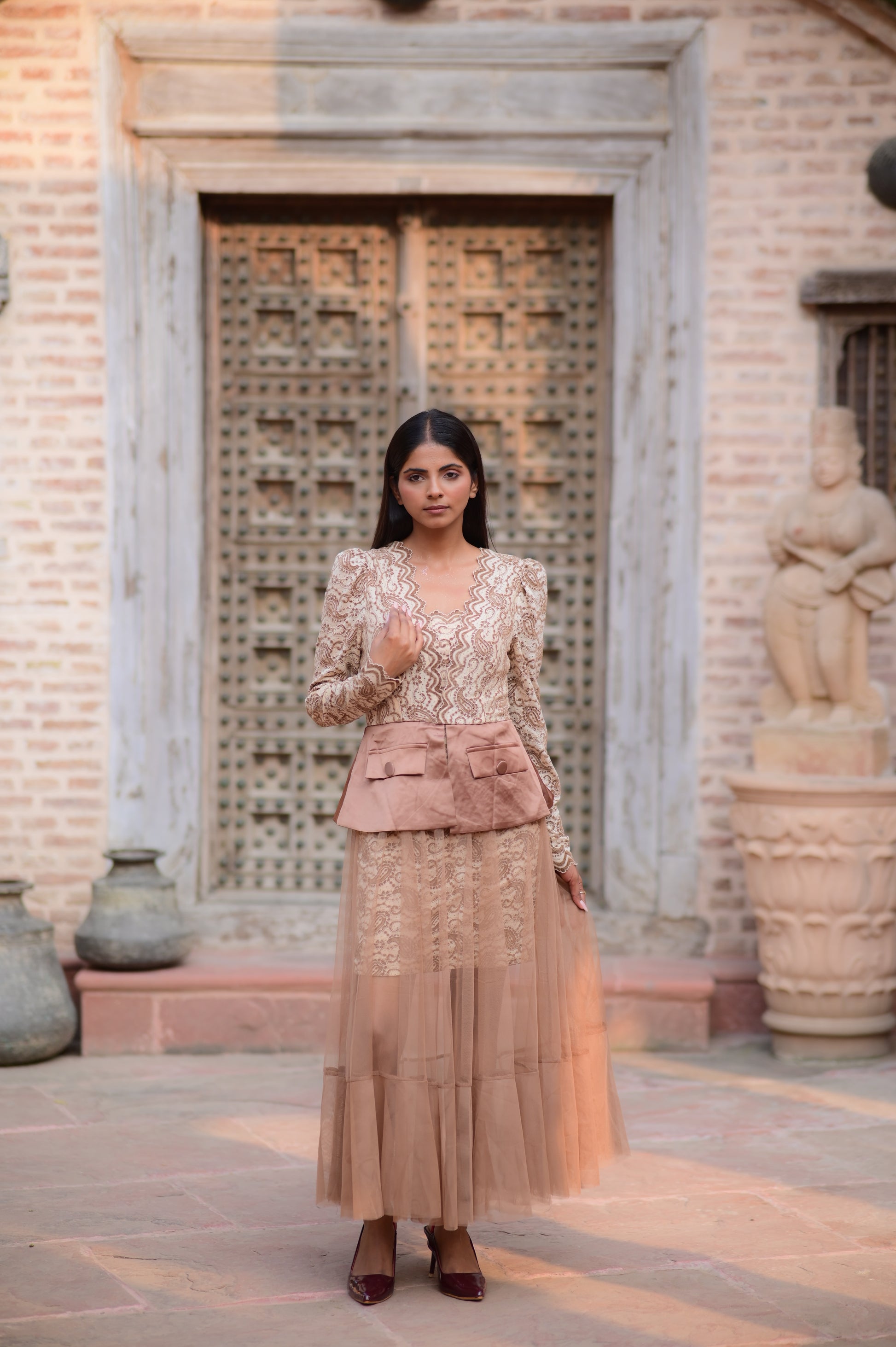 Nude Lace Long Dress with Sheer Tulle Skirt
