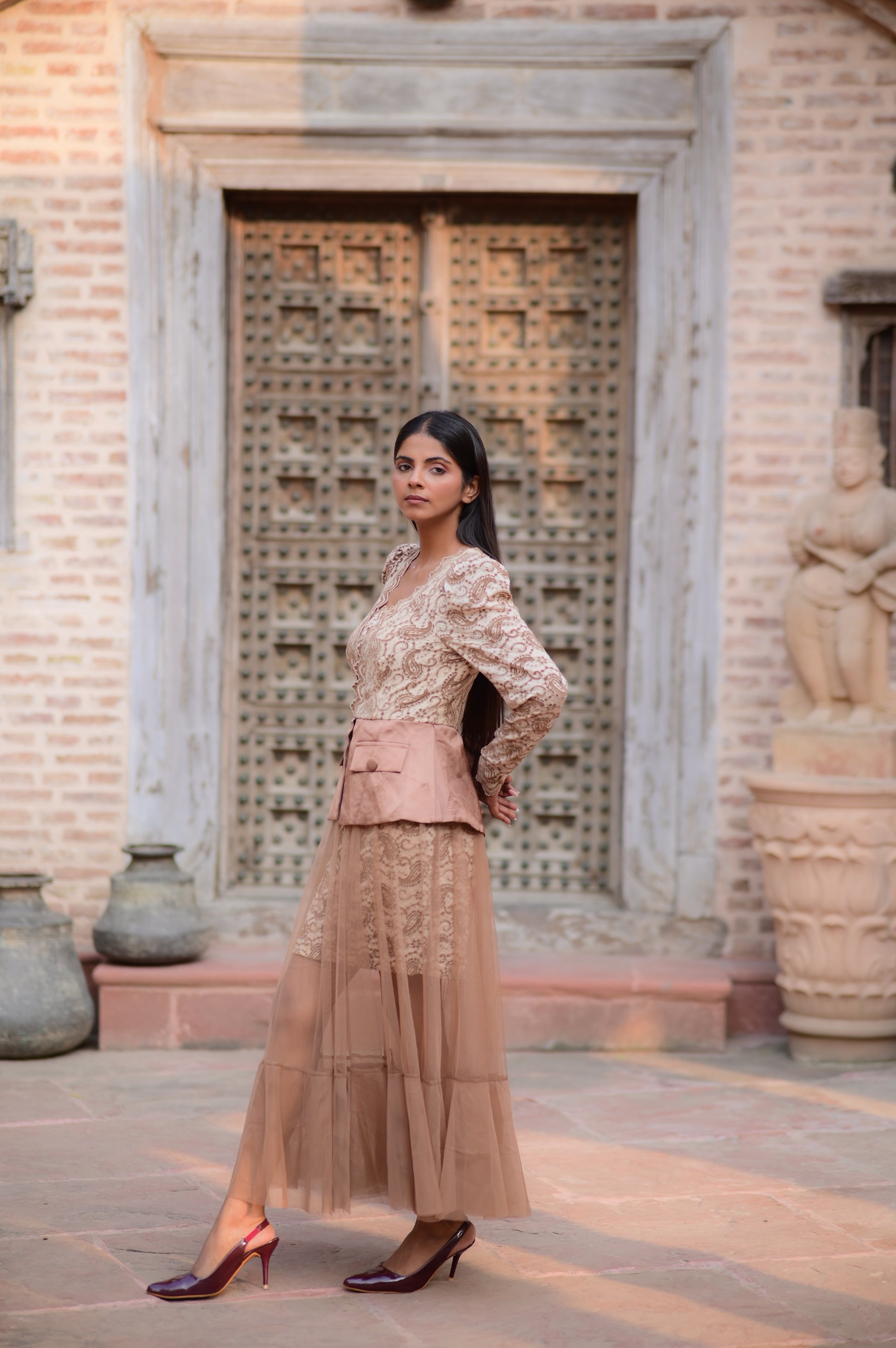 Nude Lace Long Dress with Sheer Tulle Skirt