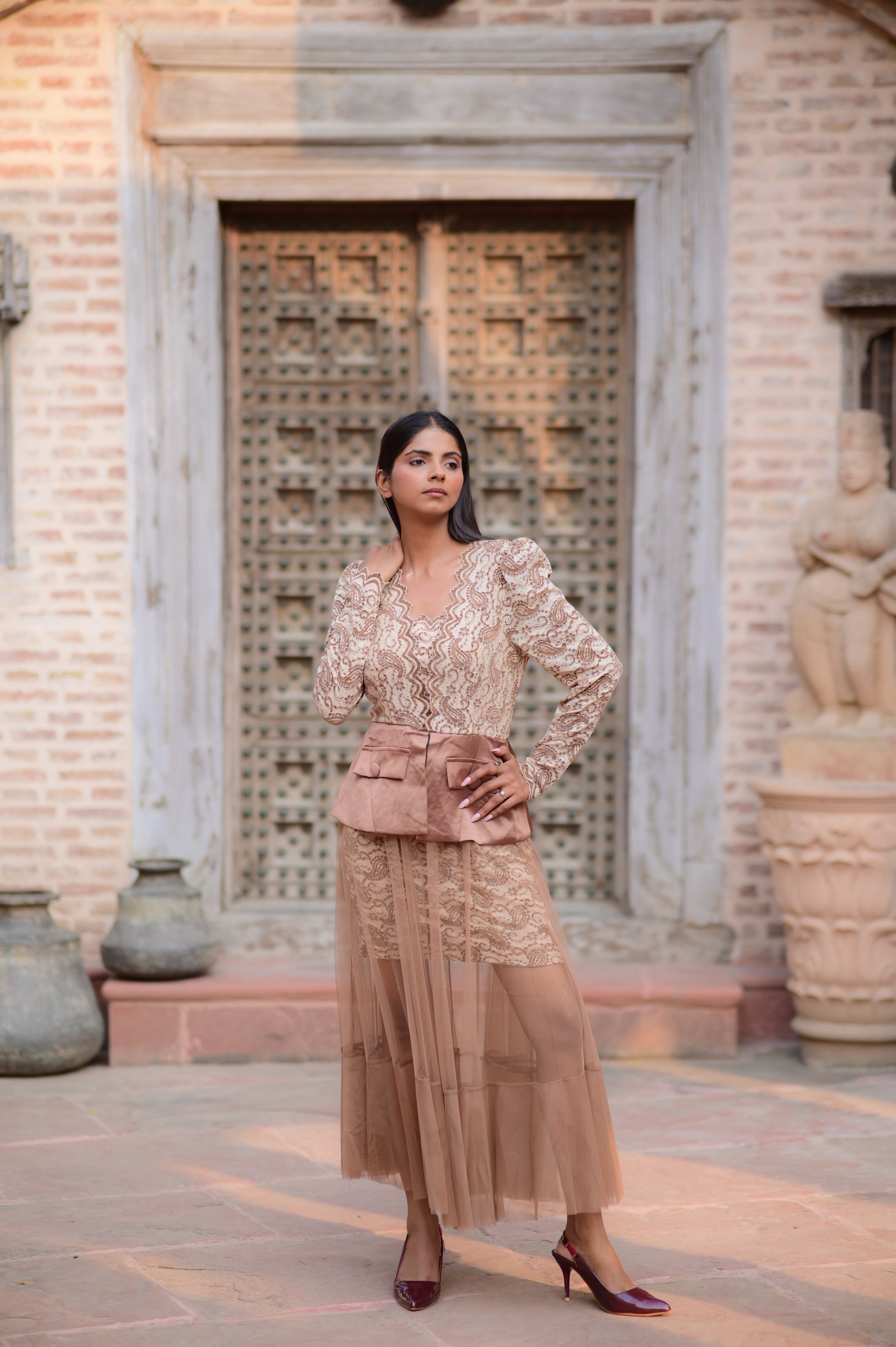 Nude Lace Long Dress with Sheer Tulle Skirt Tanmay By Pallavi Gupta Nude Lace Long Dress with Sheer Tulle Skirt Tanmay By Pallavi Gupta