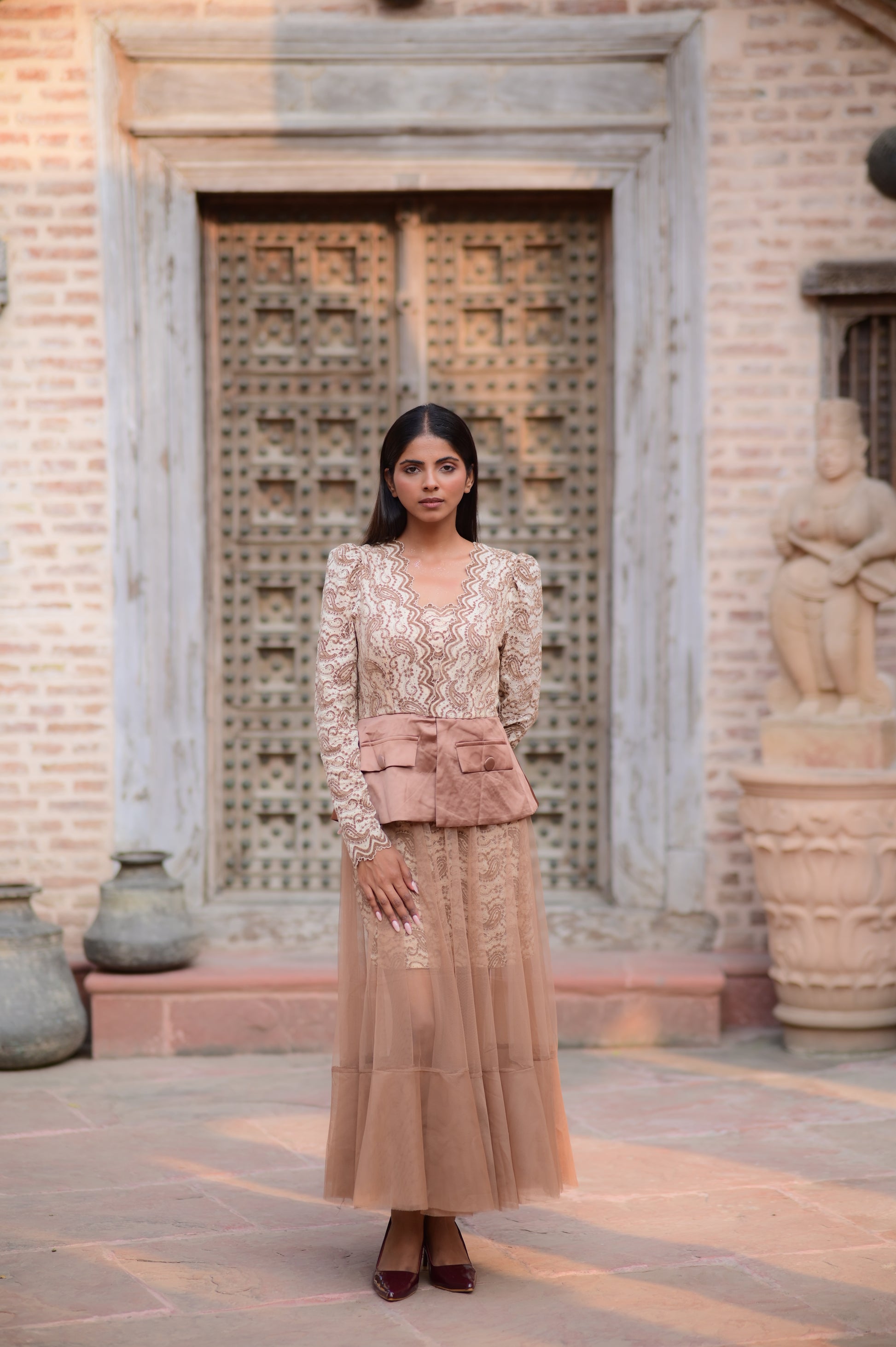 Nude Lace Long Dress with Sheer Tulle Skirt