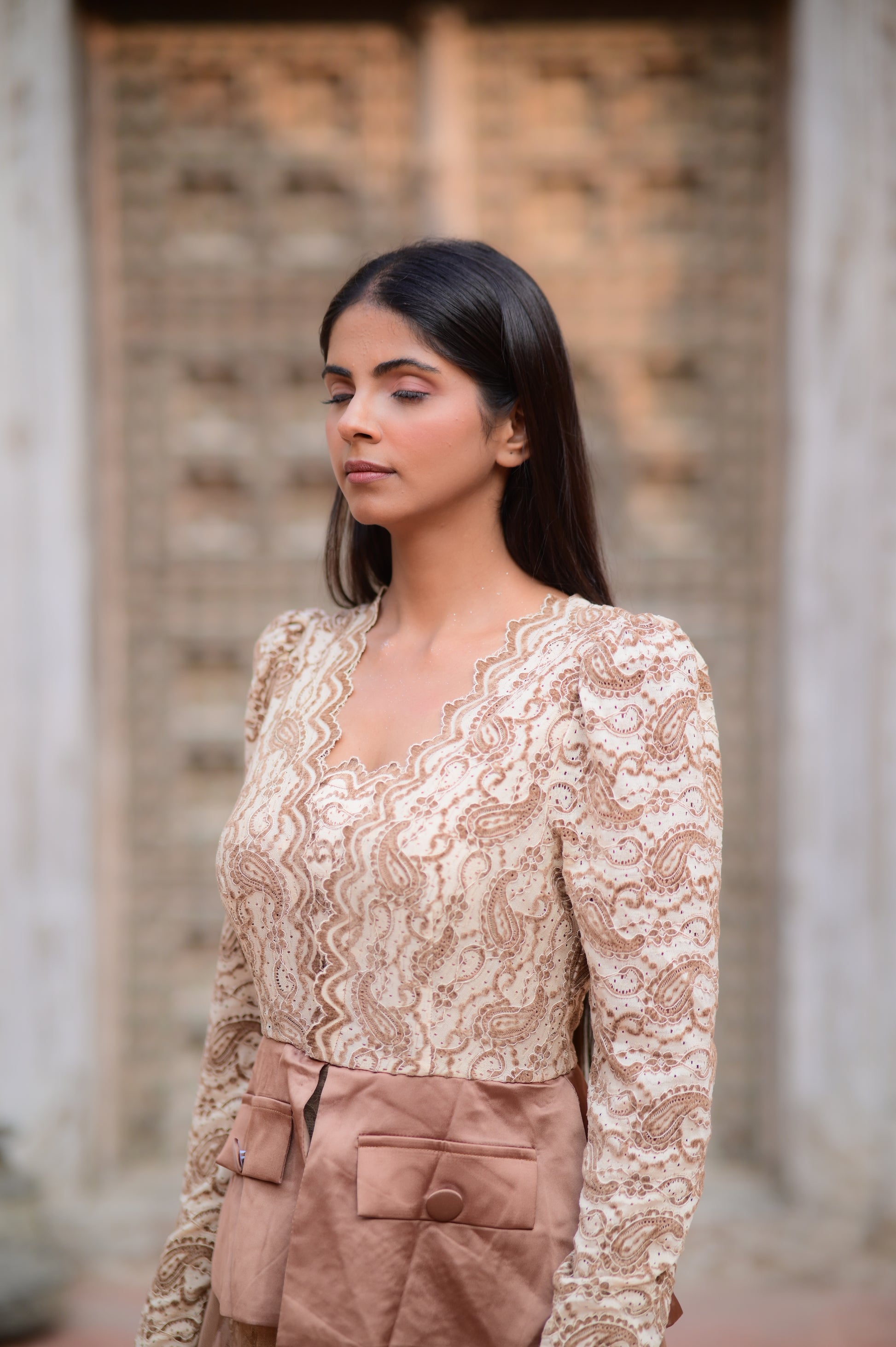 Nude Lace Long Dress with Sheer Tulle Skirt