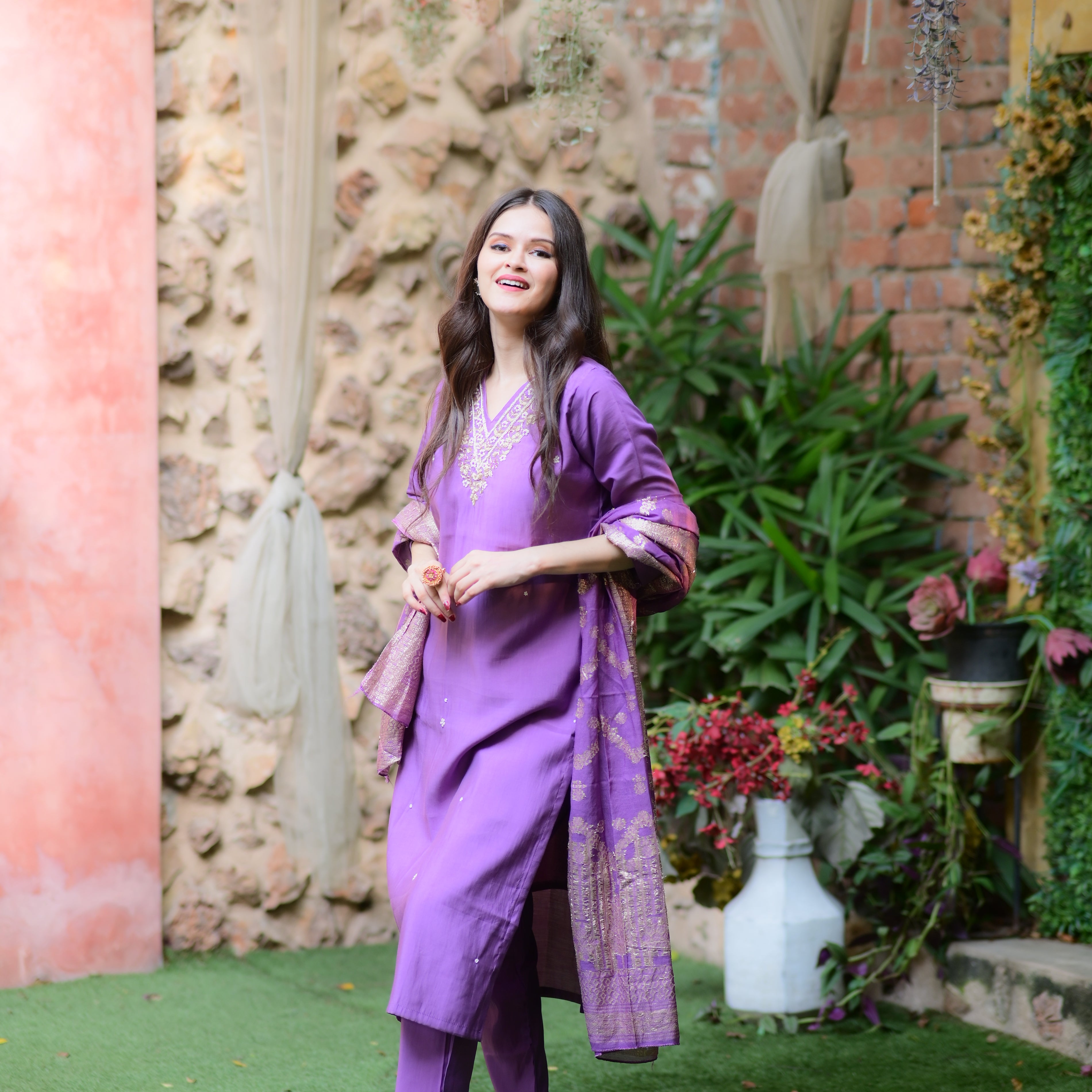 Lavender Embroidered Kurta Set with Dupatta