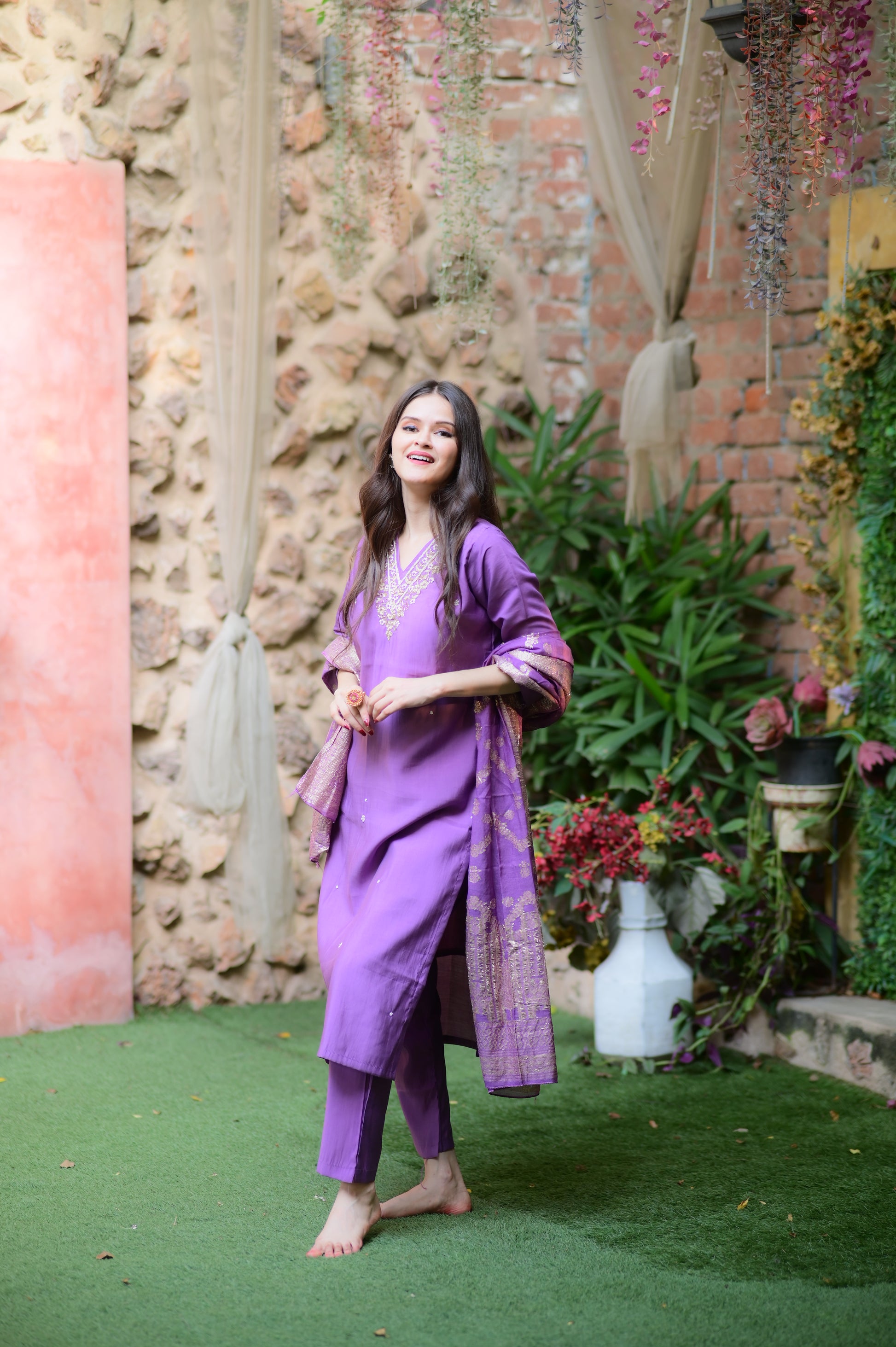Lavender Embroidered Kurta Set with Dupatta