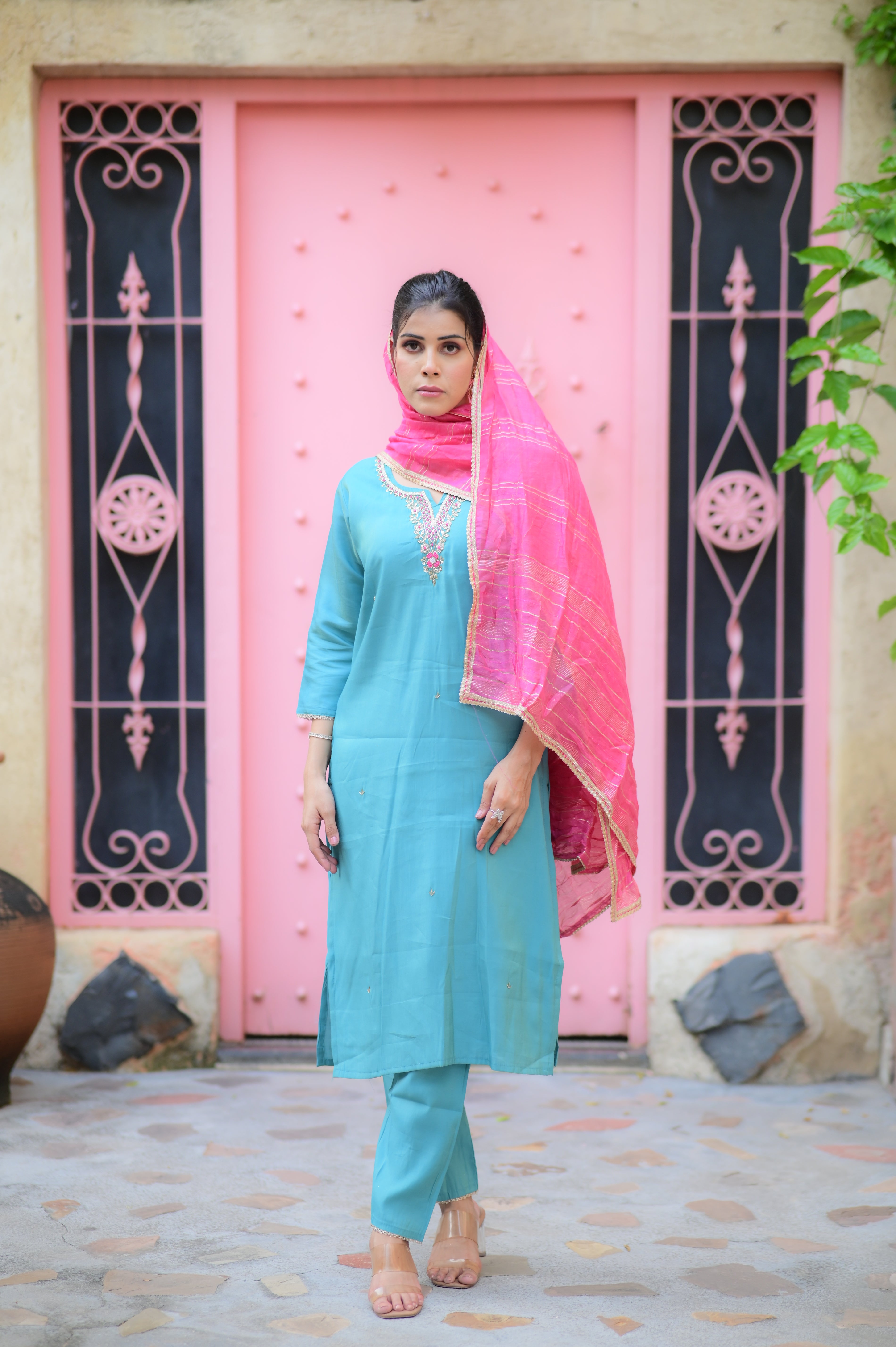 Blue Embroidered Suit With Dupatta