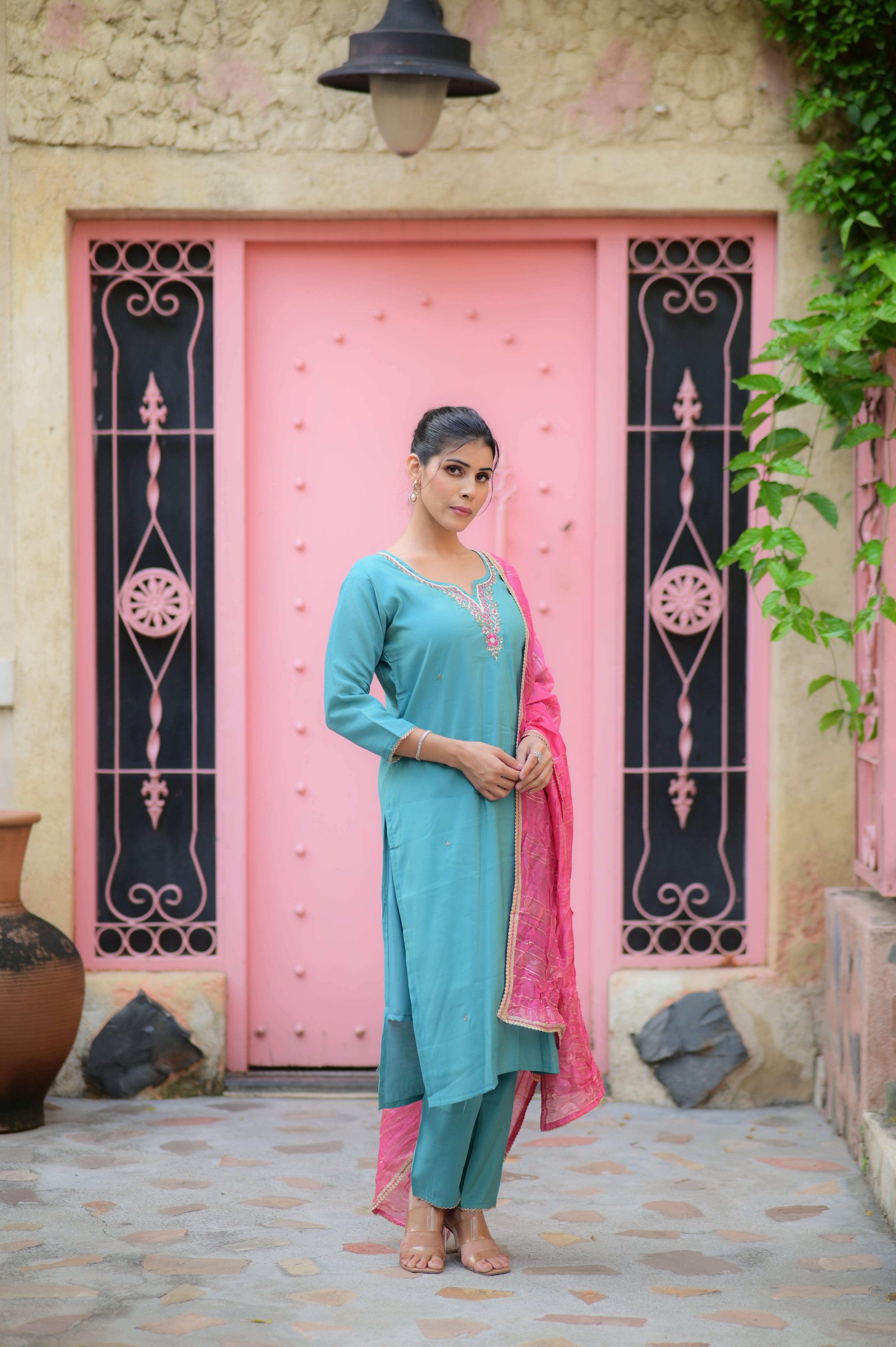 Blue Embroidered Suit With Dupatta