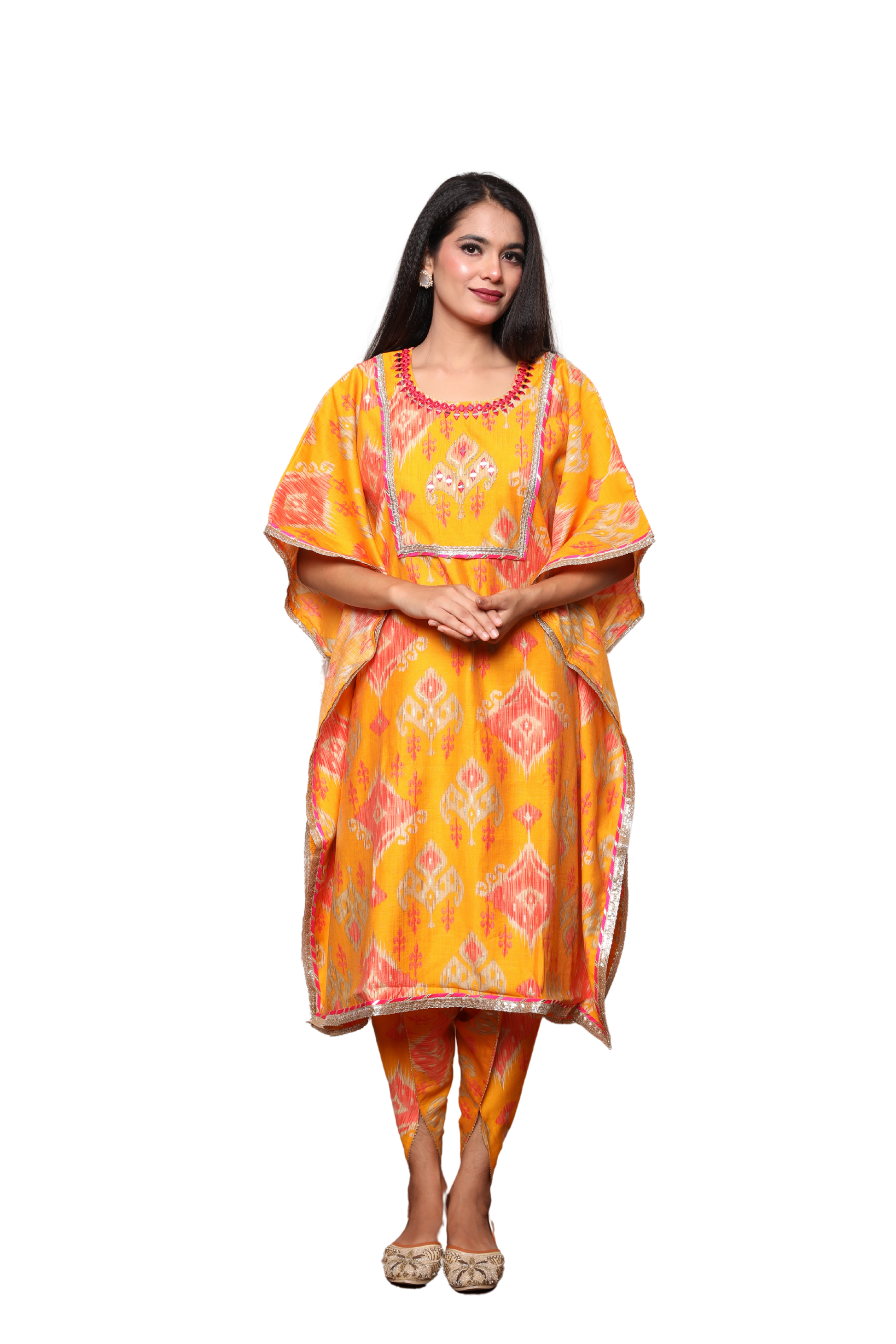 Women’s 2-Piece Kaftan Set with Tulip Pants – Lace & Mirror Work on Neckline