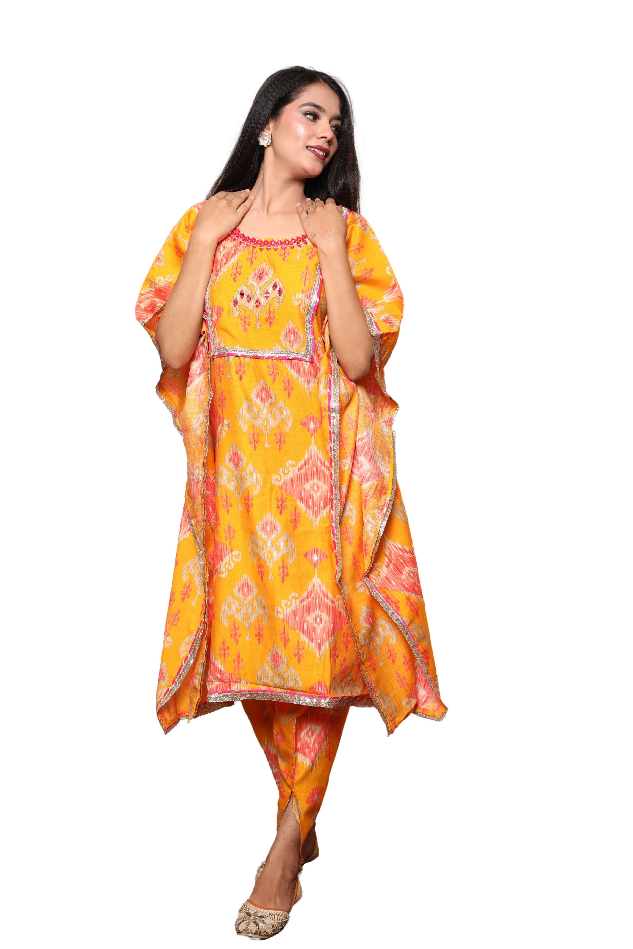 Women’s 2-Piece Kaftan Set with Tulip Pants – Lace & Mirror Work on Neckline