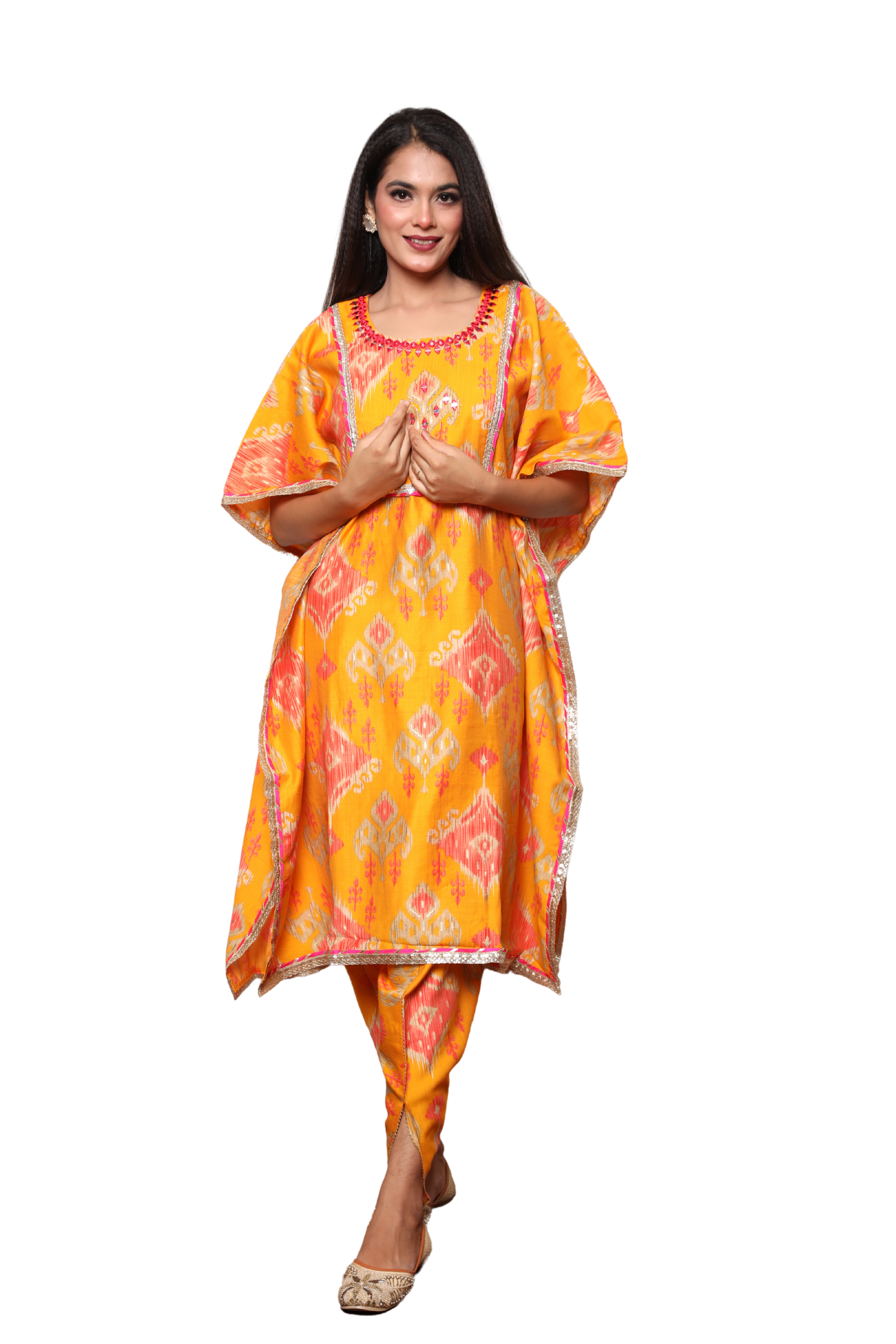 Women’s 2-Piece Kaftan Set with Tulip Pants – Lace & Mirror Work on Neckline