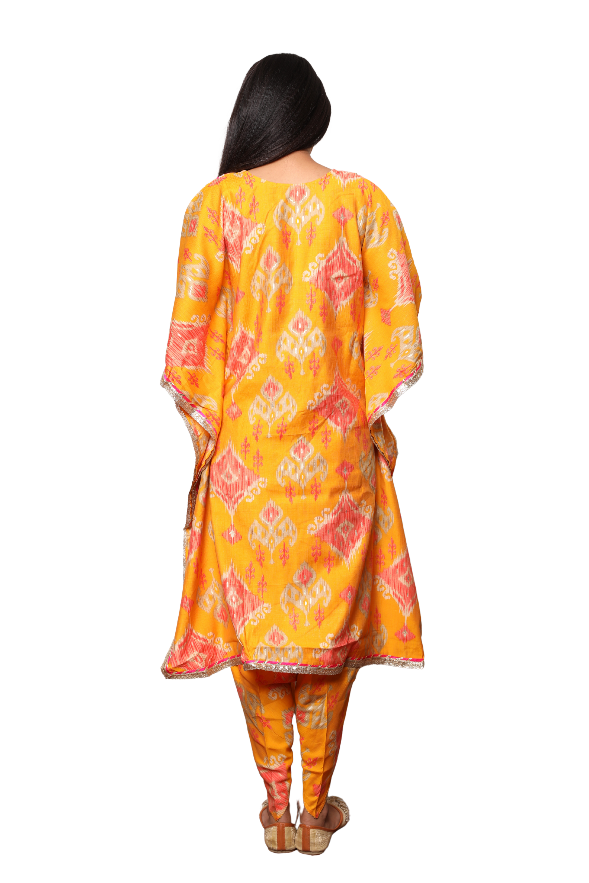 Women’s 2-Piece Kaftan Set with Tulip Pants – Lace & Mirror Work on Neckline