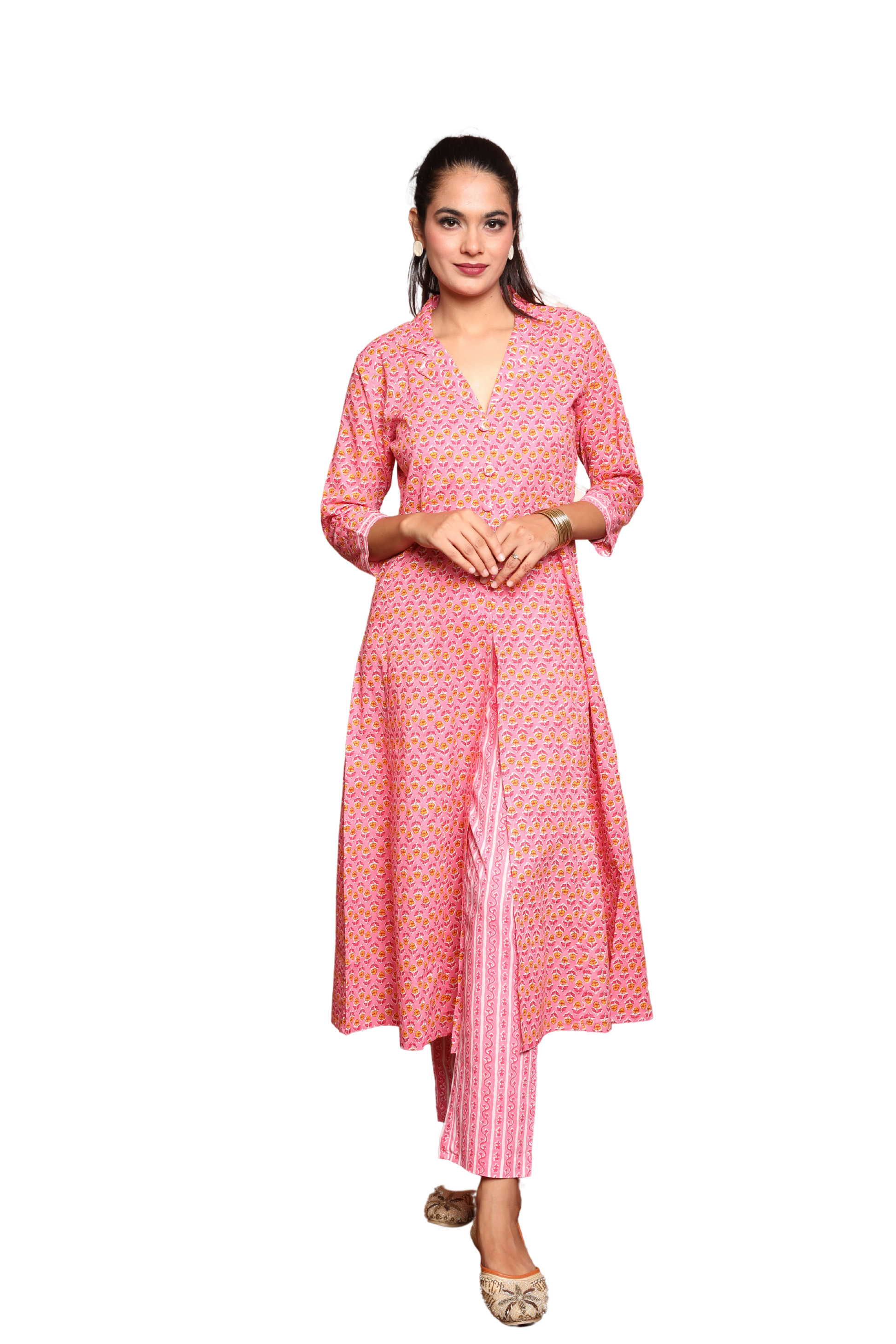 Women’s 2-Piece Pink Floral Print Cotton Kurta Set with Pockets in Kurta and Pants