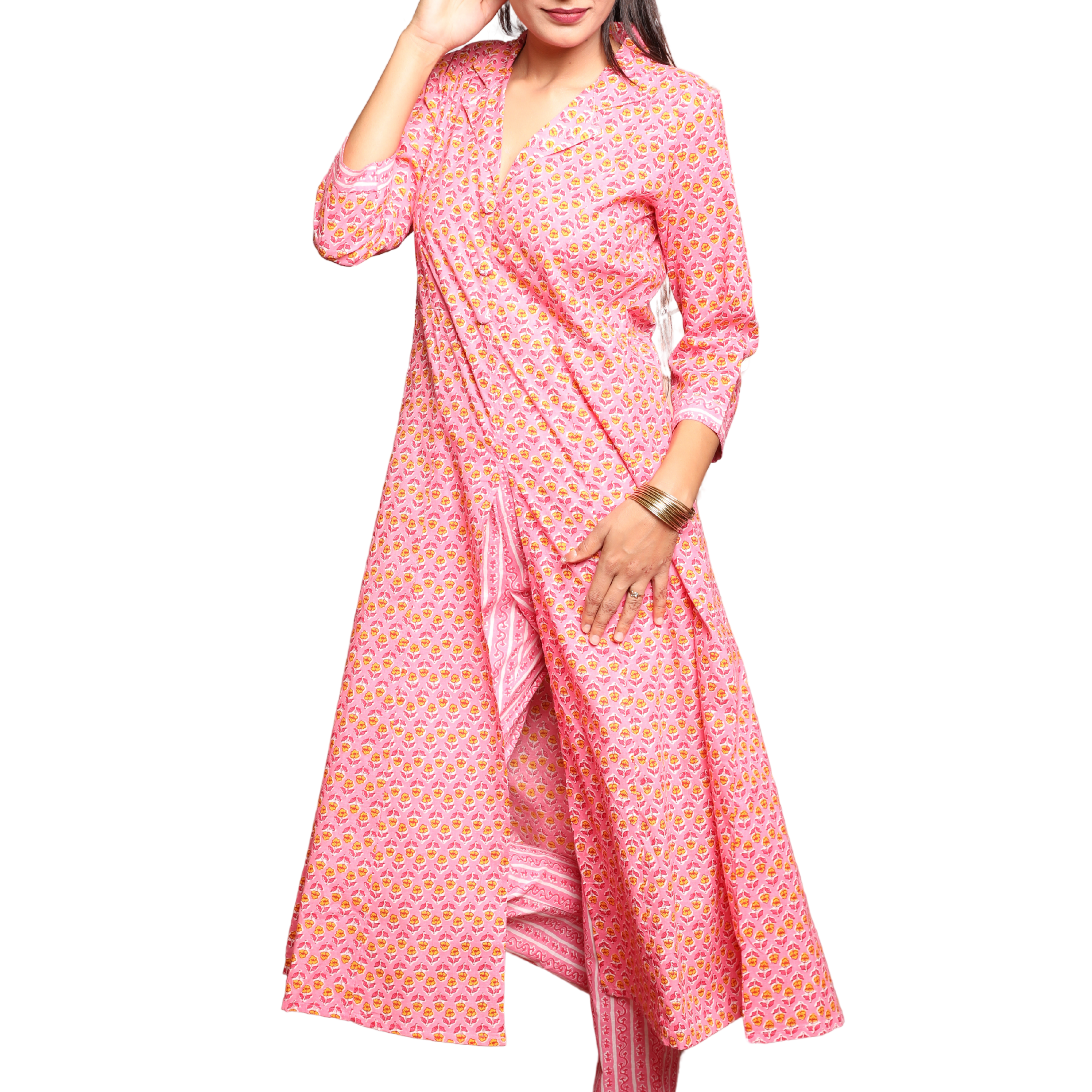 Women’s 2-Piece Pink Floral Print Cotton Kurta Set with Pockets in Kurta and Pants