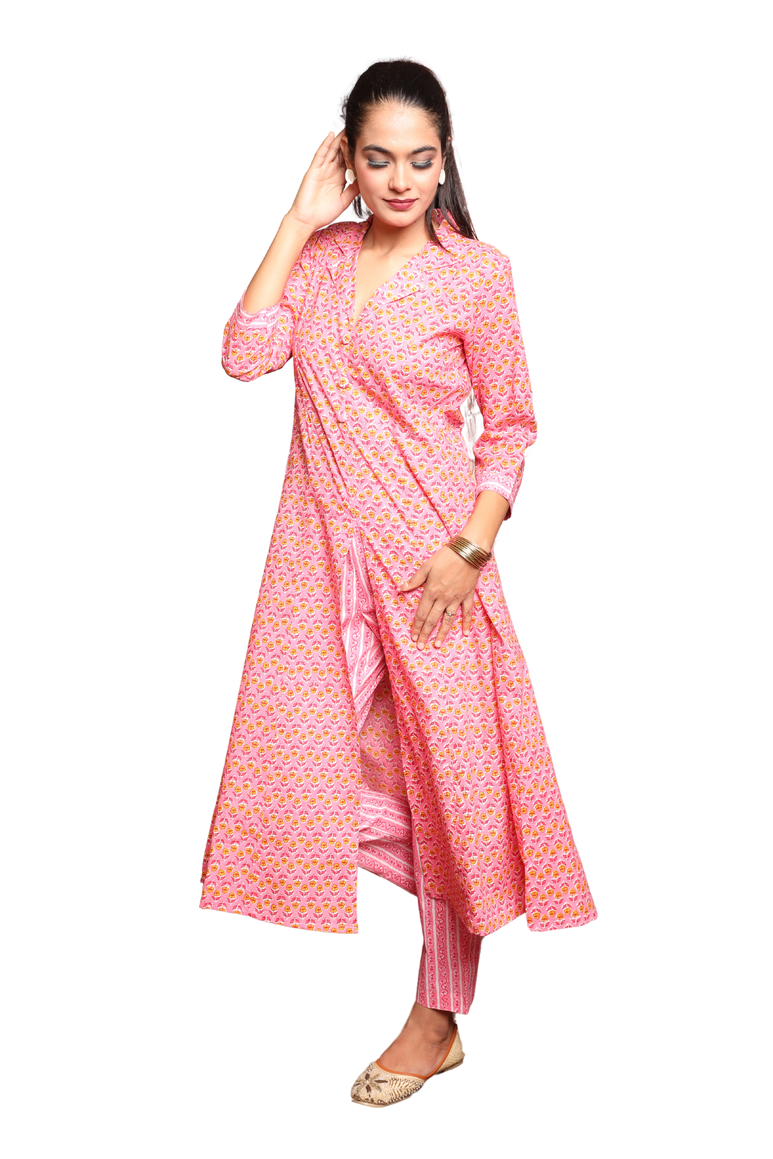 Women’s 2-Piece Pink Floral Print Cotton Kurta Set with Pockets in Kurta and Pants